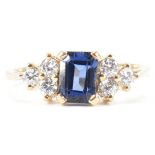 HALLMARKED 9CT GOLD SYNTHETIC SAPPHIRE & CZ THREE STONE RING