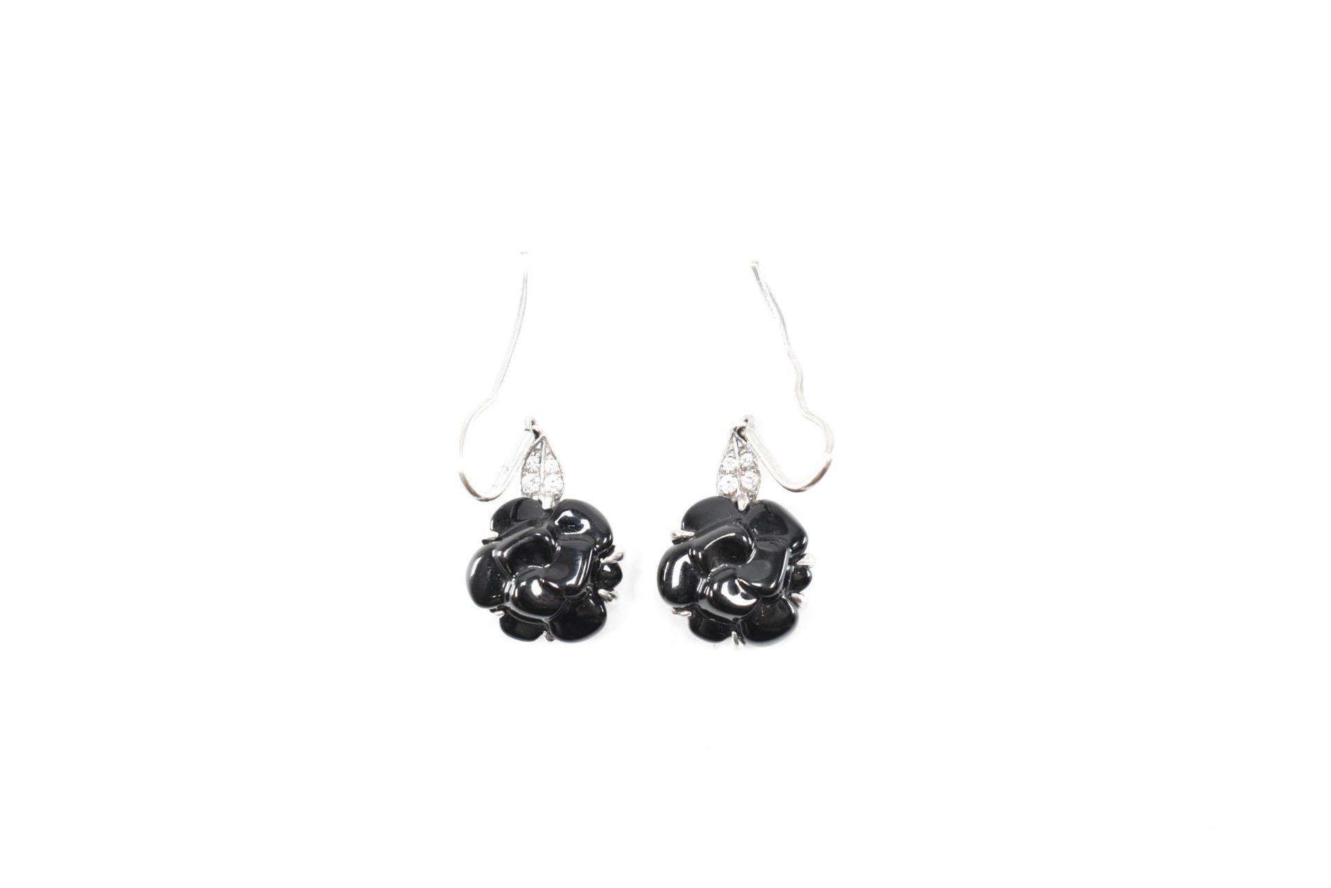 PAIR CHANEL ONYX & DIAMOND PENDANT EARRINGS - Image 2 of 3