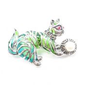 925 SILVER PLIQUE A JOUR PEARL MARCASITE & RUBY CAT BROOCH PIN