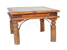 CONTEMPORARY INDIAN HARDWOOD & GLASS SIDE LAMP TABLE