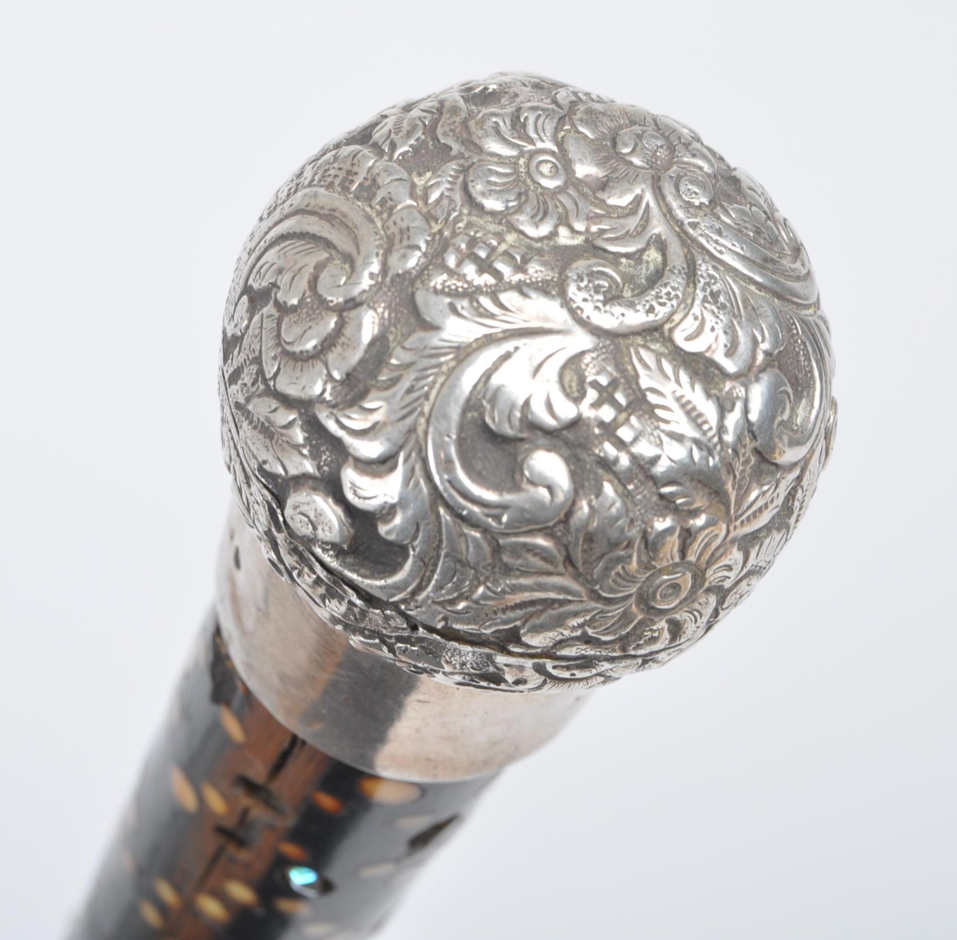 SILVER TOPPED DECORATIVE CANE WITH SPOTTED BONE INLAY - Image 7 of 7