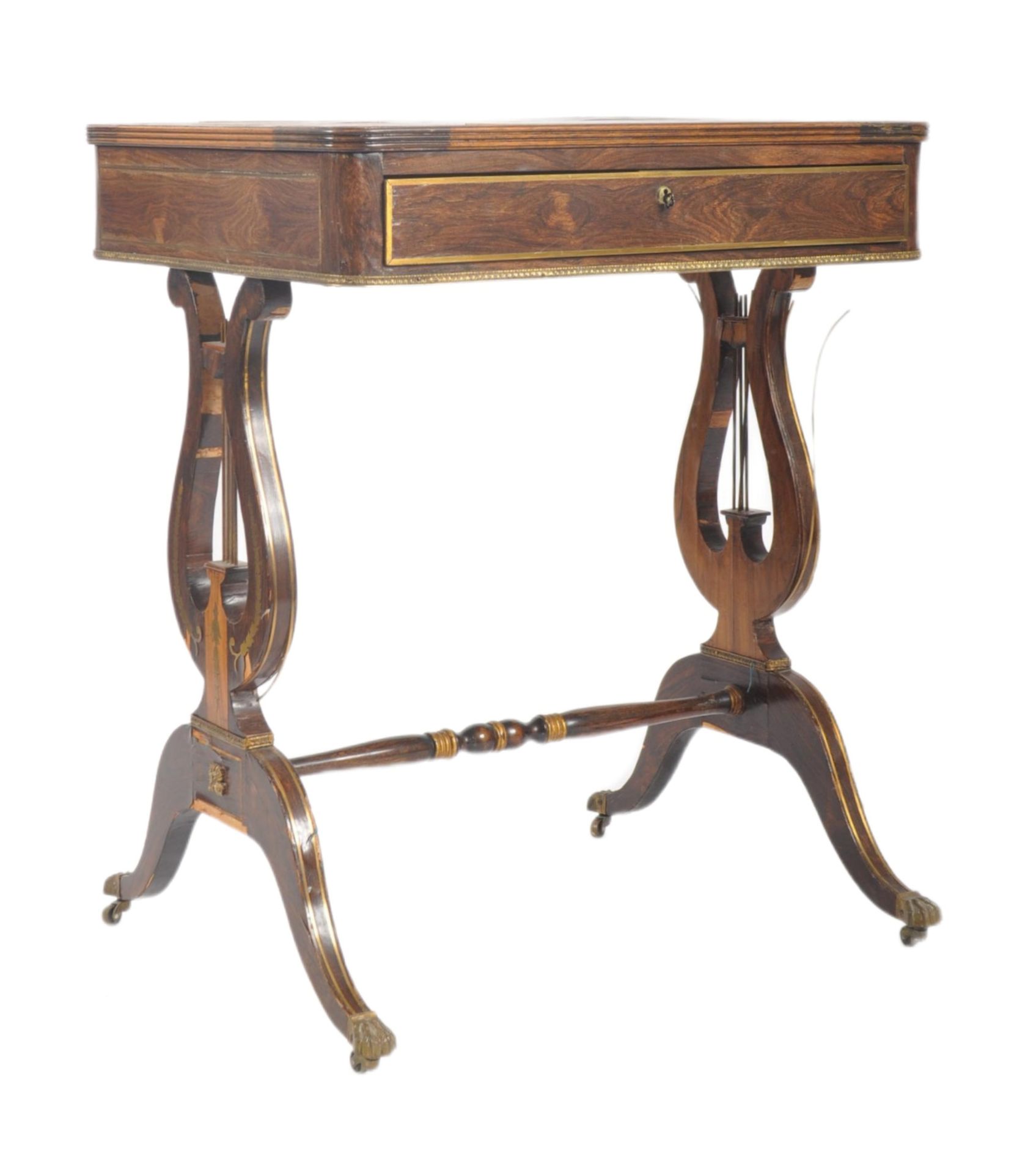19TH CENTURY LADIES ROSEWOOD & BRASS INLAID WRITING TABLE
