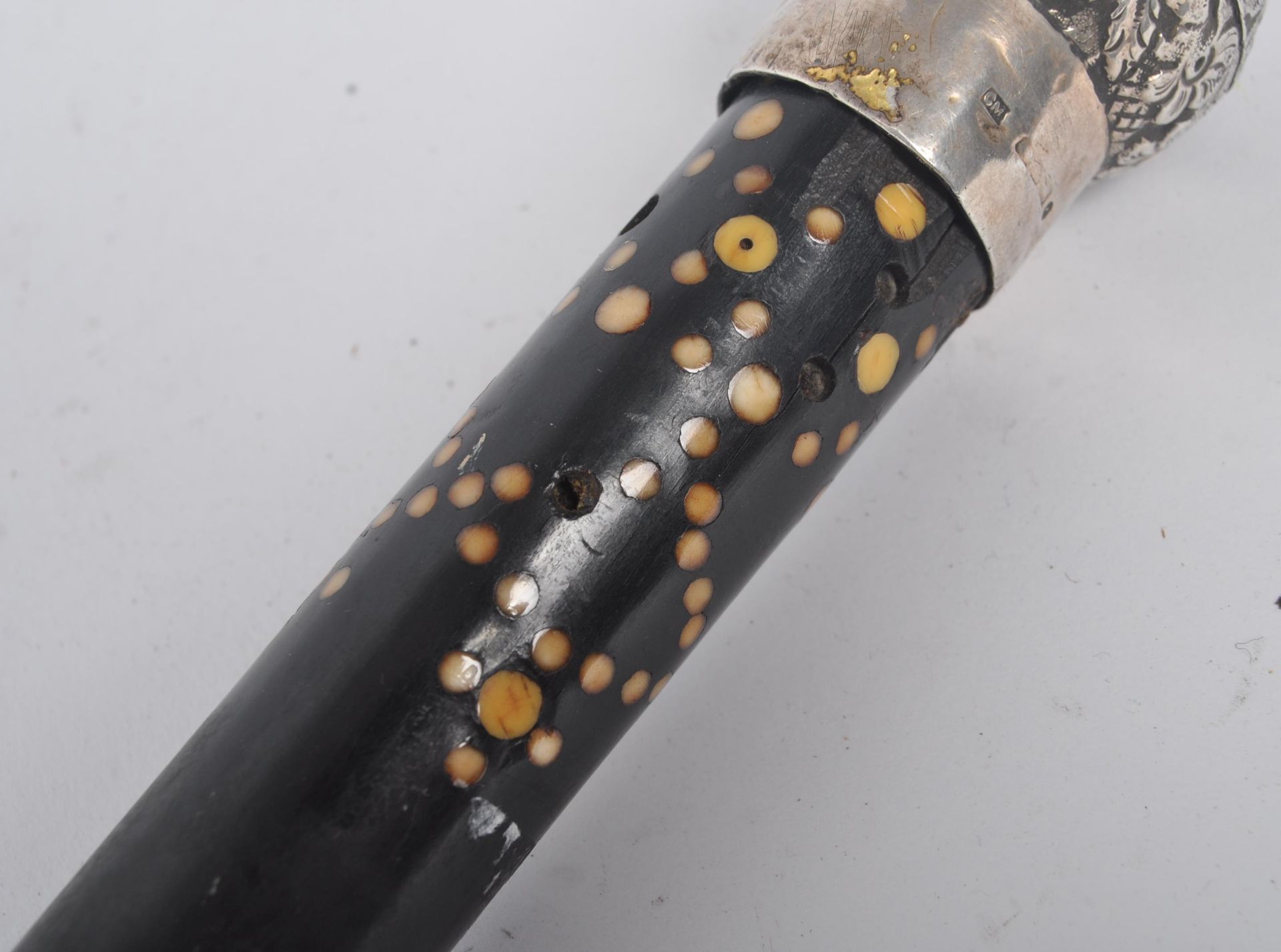 SILVER TOPPED DECORATIVE CANE WITH SPOTTED BONE INLAY - Image 3 of 7