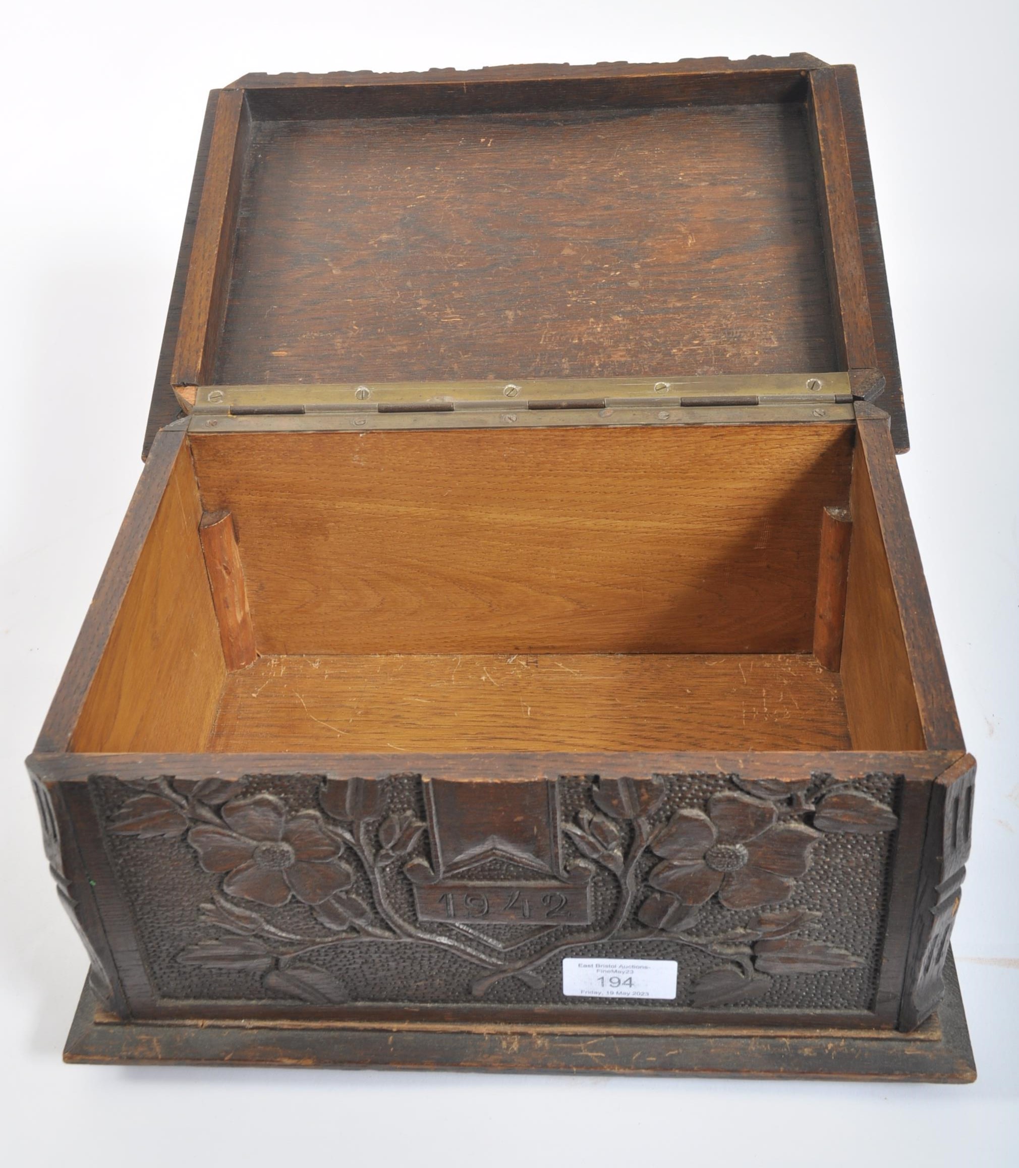 WWII SECOND WORLD WAR CARVED OAK SMALL WOODEN CHEST - Image 5 of 9