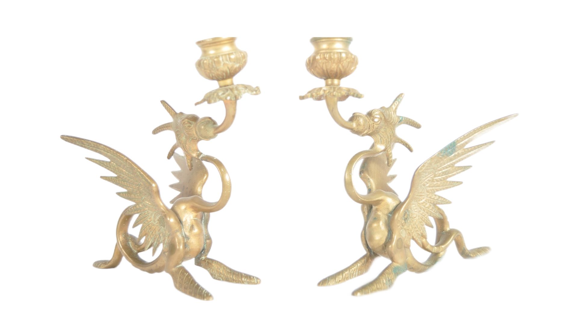 PAIR OF 19TH CENTURY BRASS GRIFFIN CANDLESTICKS