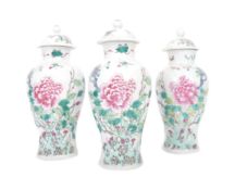 SET OF 3 CHINESE YONGZHENG FAMILLE ROSE LIDDED VASES