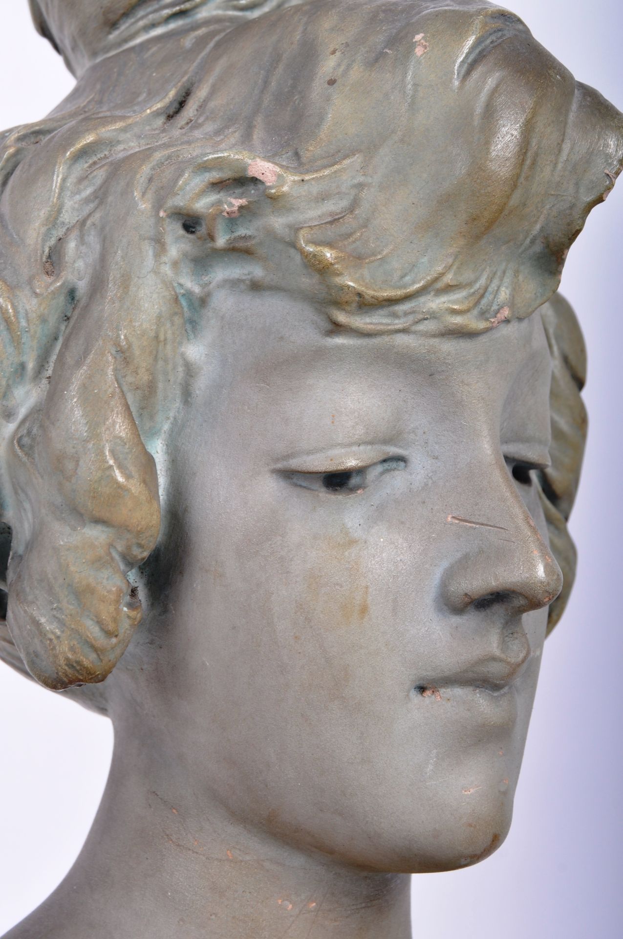 ART NOUVEAU CIRCA 1910 FRENCH PAINTED CHALK BUST STATUE - Image 6 of 6
