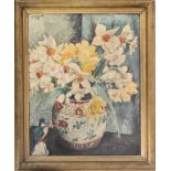 MID CENTURY OIL PAINTING STILL LIFE OF DAFFODILS AND KINGFISHER