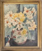MID CENTURY OIL PAINTING STILL LIFE OF DAFFODILS AND KINGFISHER