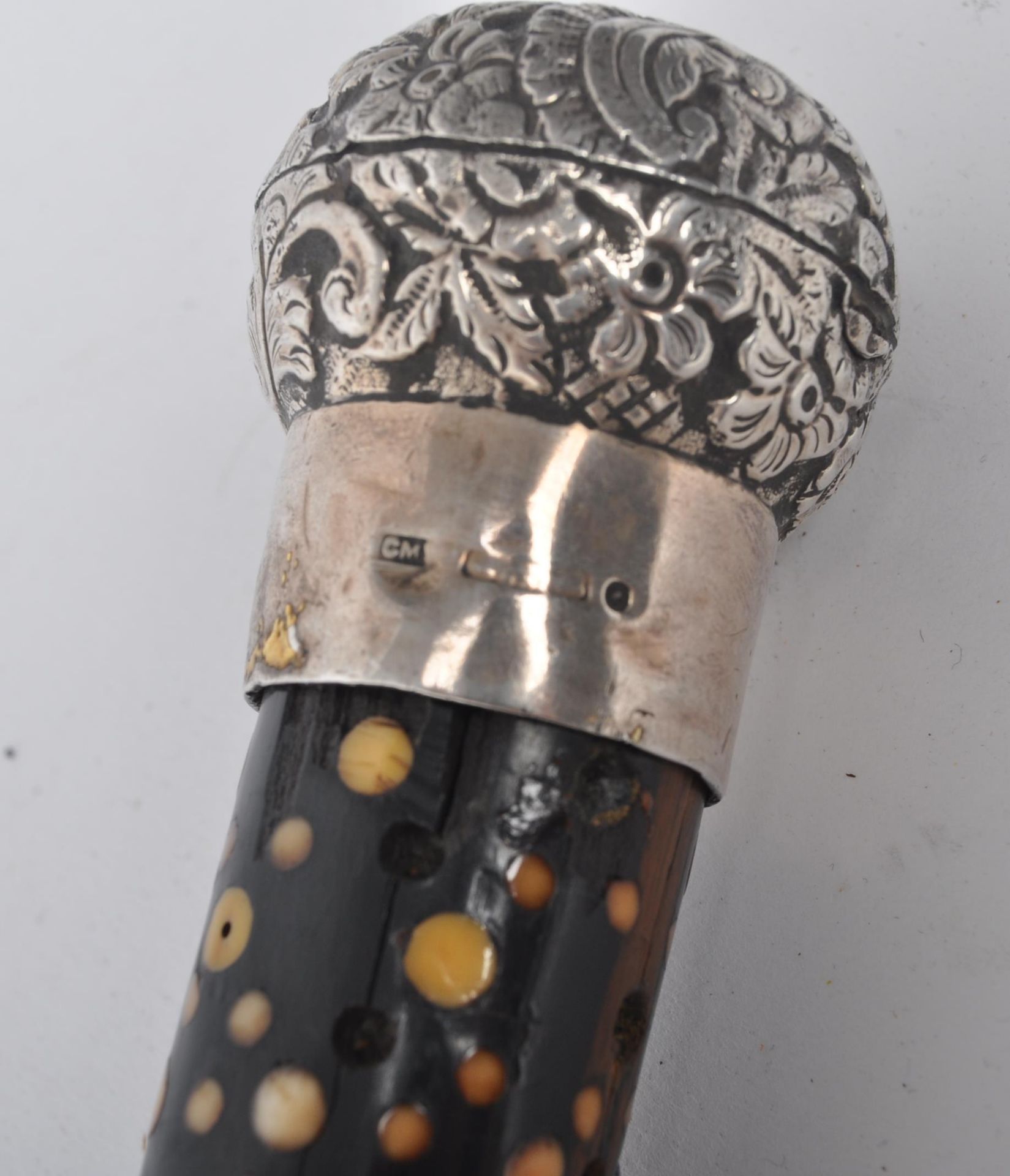 SILVER TOPPED DECORATIVE CANE WITH SPOTTED BONE INLAY - Image 4 of 7