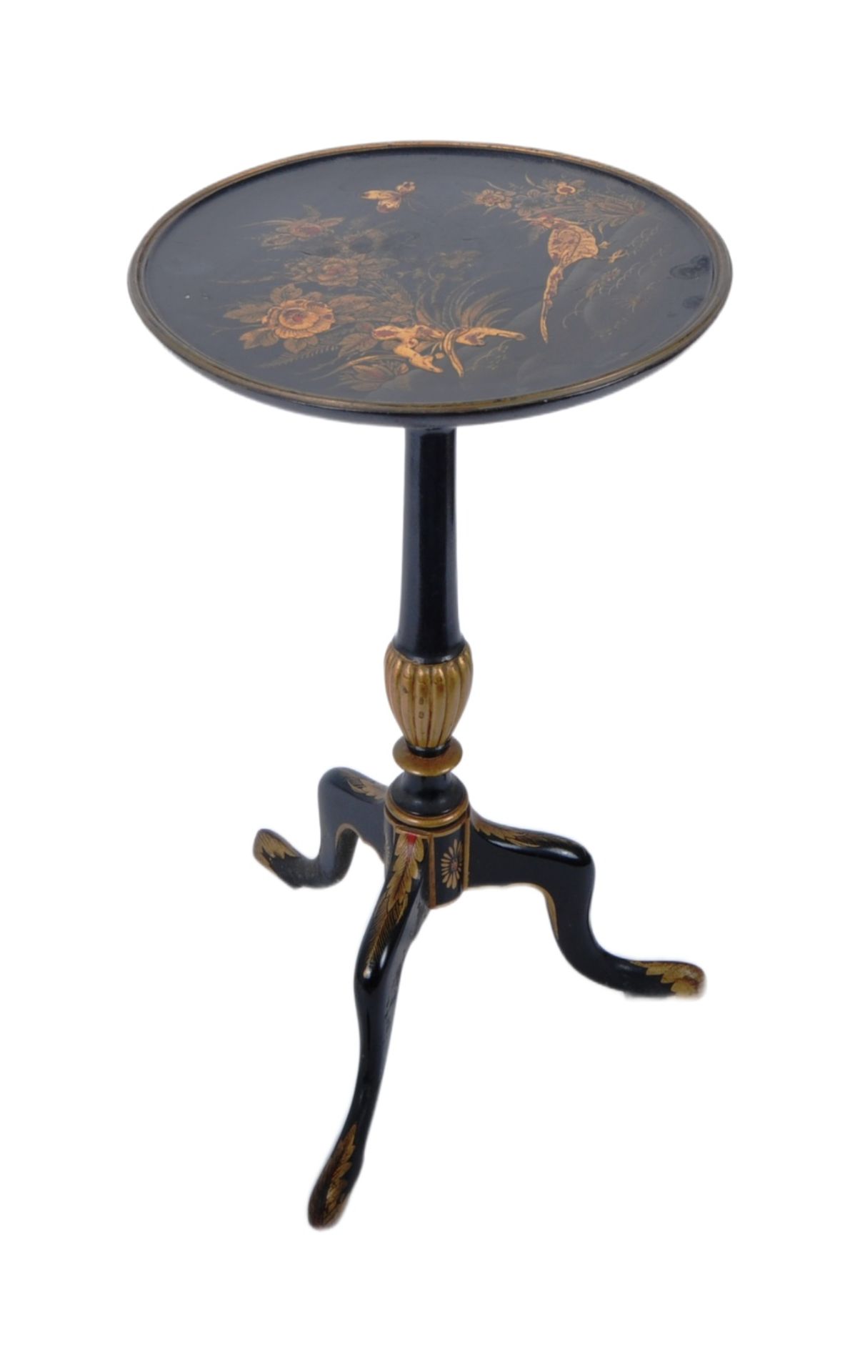 19TH CENTURY BLACK LACQUERED CHINOISERIE PEDESTAL WINE TABLE