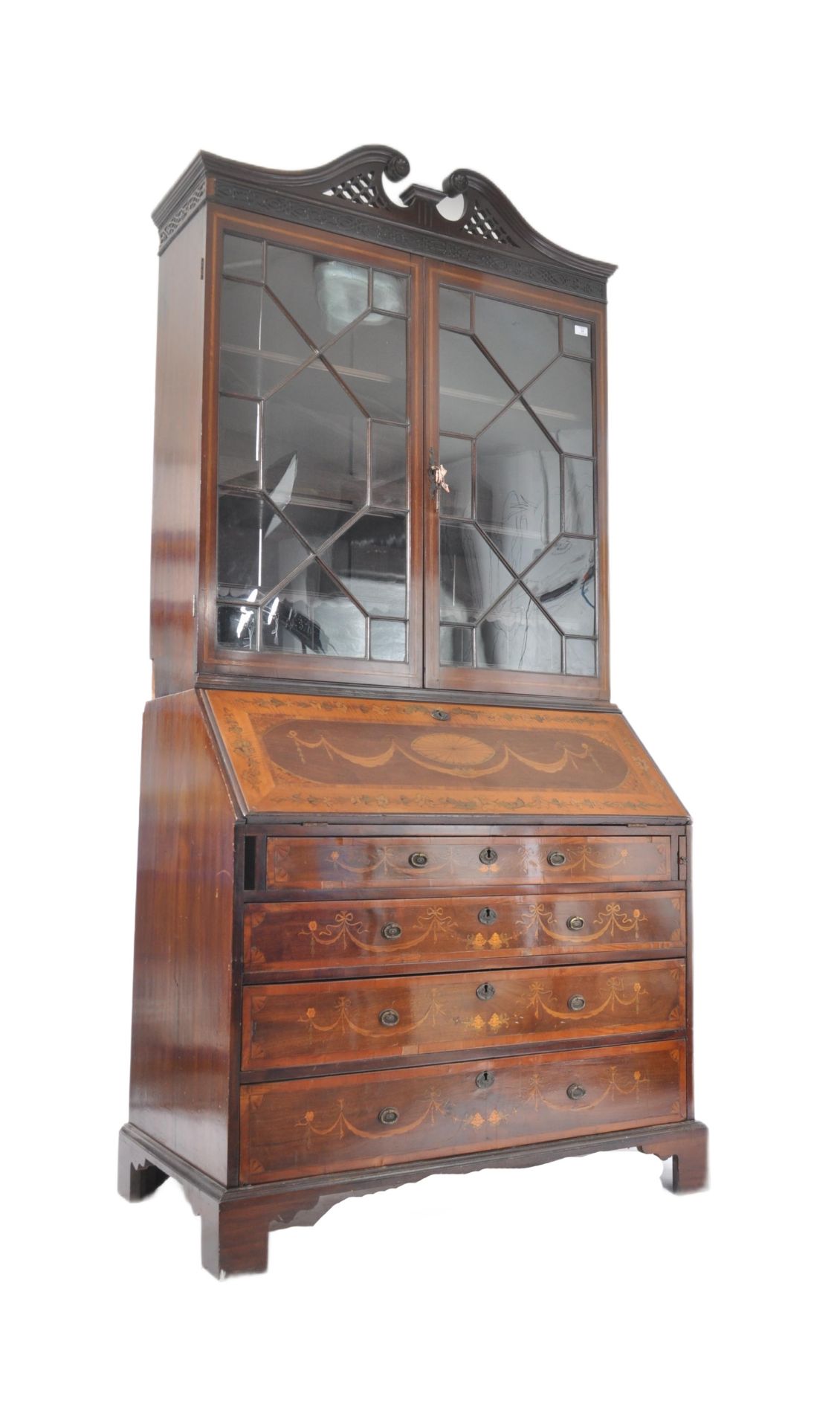 18TH CENTURY GEORGE III MARQUETRY INLAID BUREAU BOOKCASE