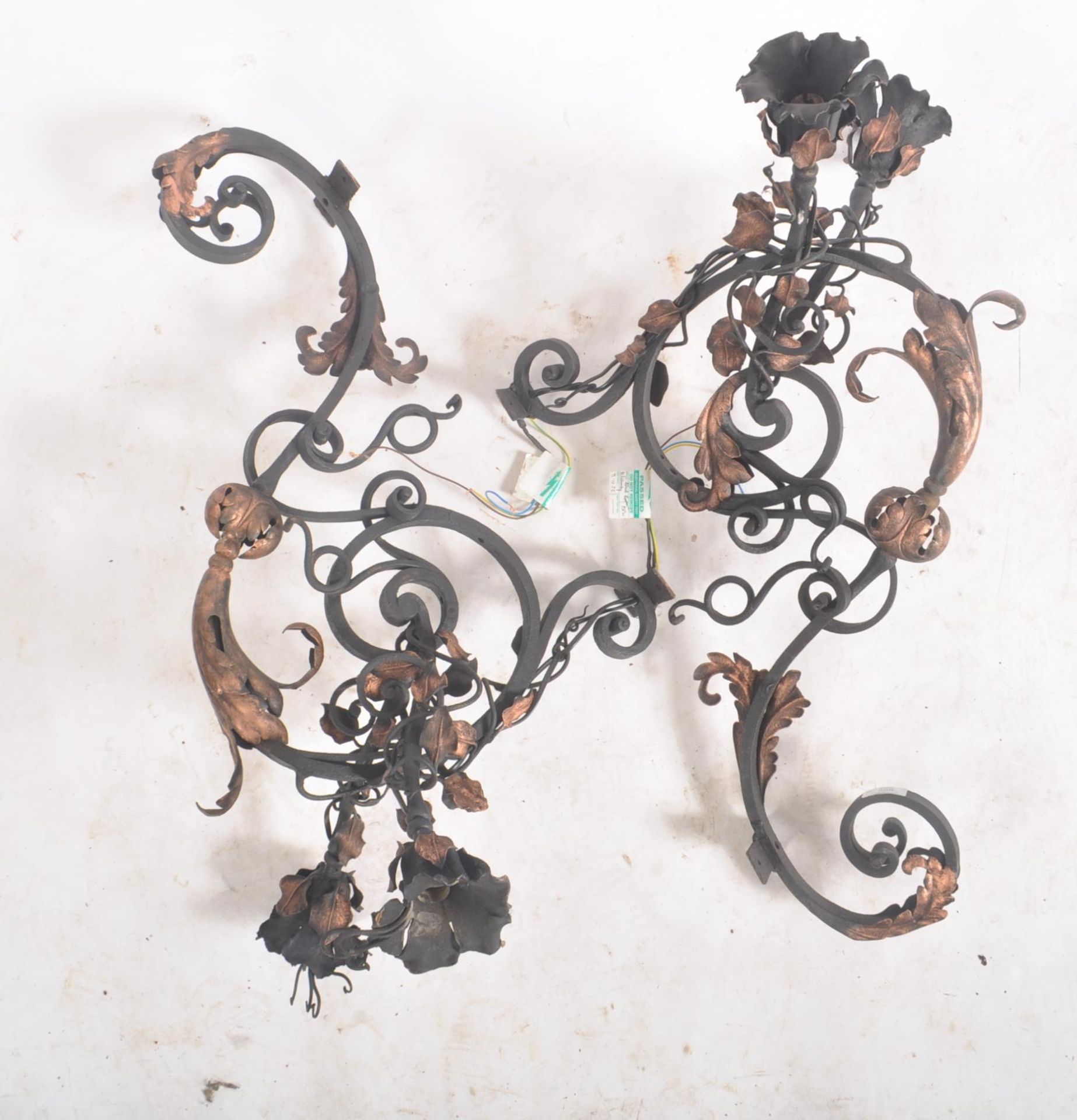 PAIR OF ARTS & CRAFTS MANNER WROUGHT IRON & COPPER WALL LIGHTS - Image 2 of 8