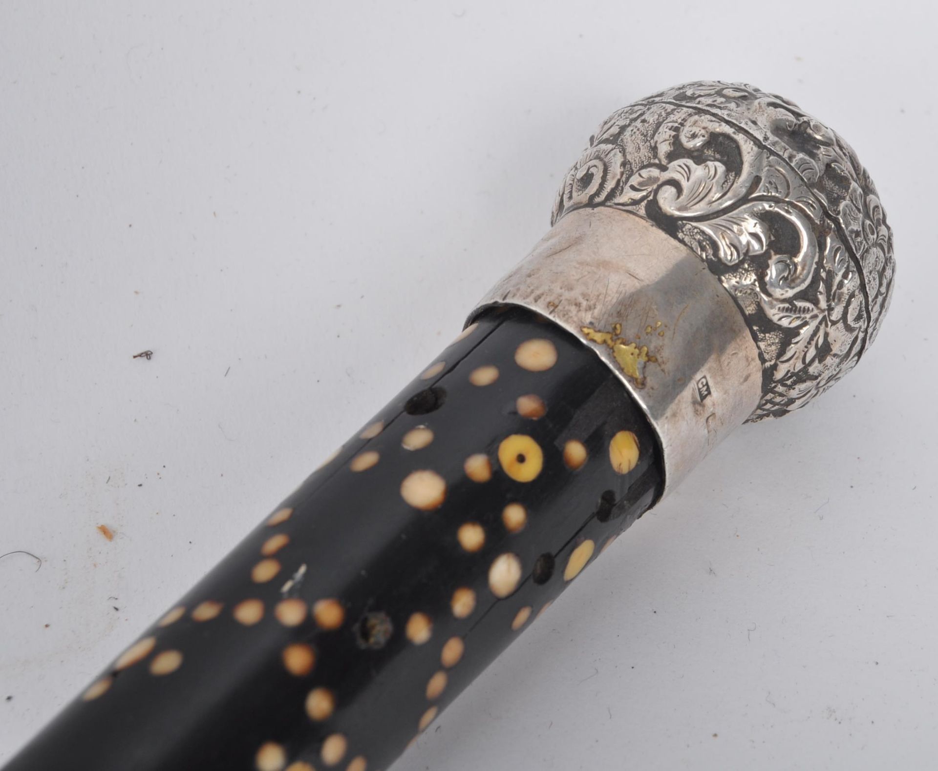 SILVER TOPPED DECORATIVE CANE WITH SPOTTED BONE INLAY - Image 2 of 7