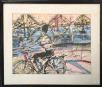PETER MCLAREN - 20TH CENTURY INK WATERCOLOUR CYCLIST ON BRIDGE