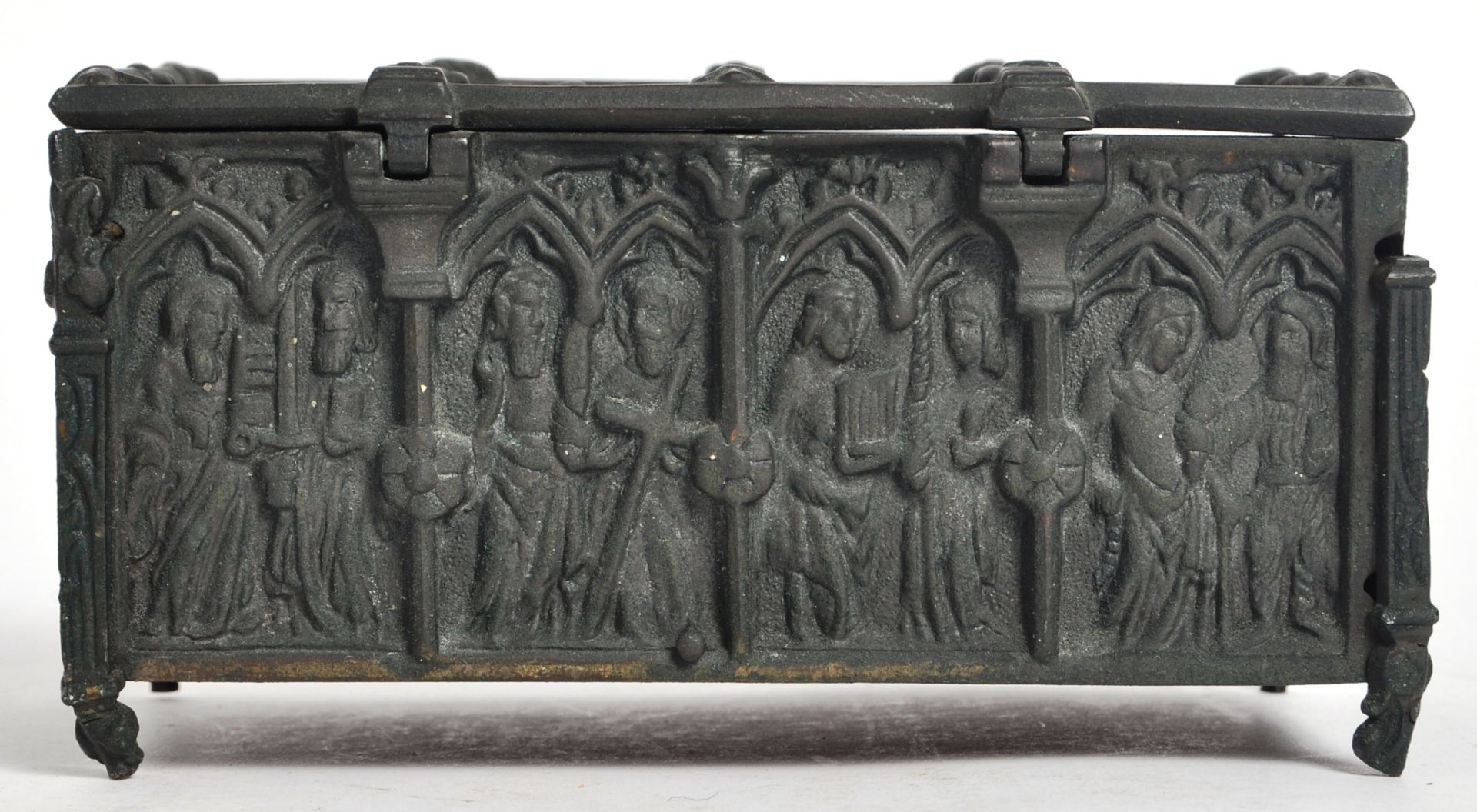 SMALL NINETEENTH CENTURY BRONZE CASKET WITH GOTHIC INLAY - Image 4 of 7