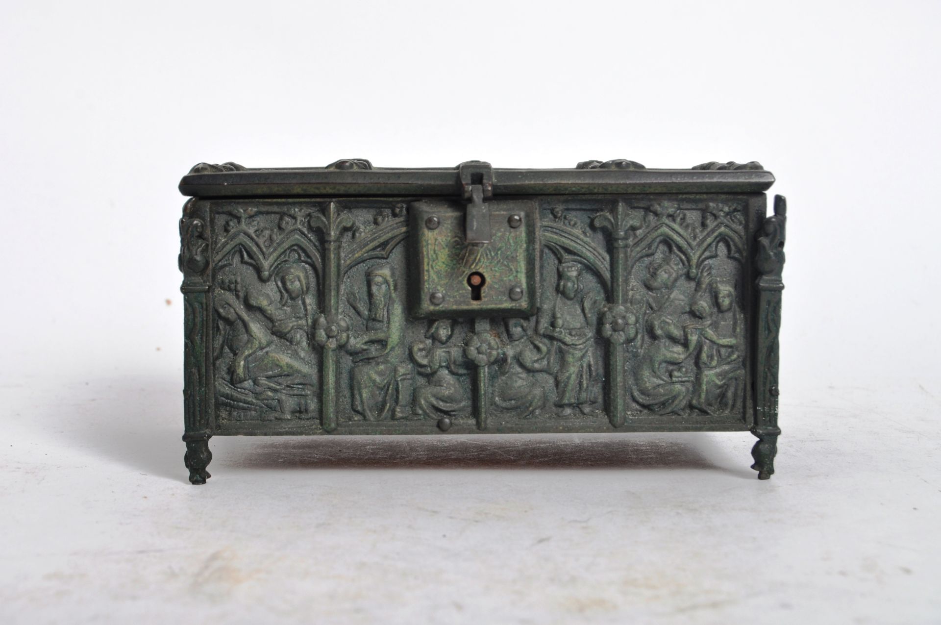 SMALL NINETEENTH CENTURY BRONZE CASKET WITH GOTHIC INLAY - Image 2 of 7