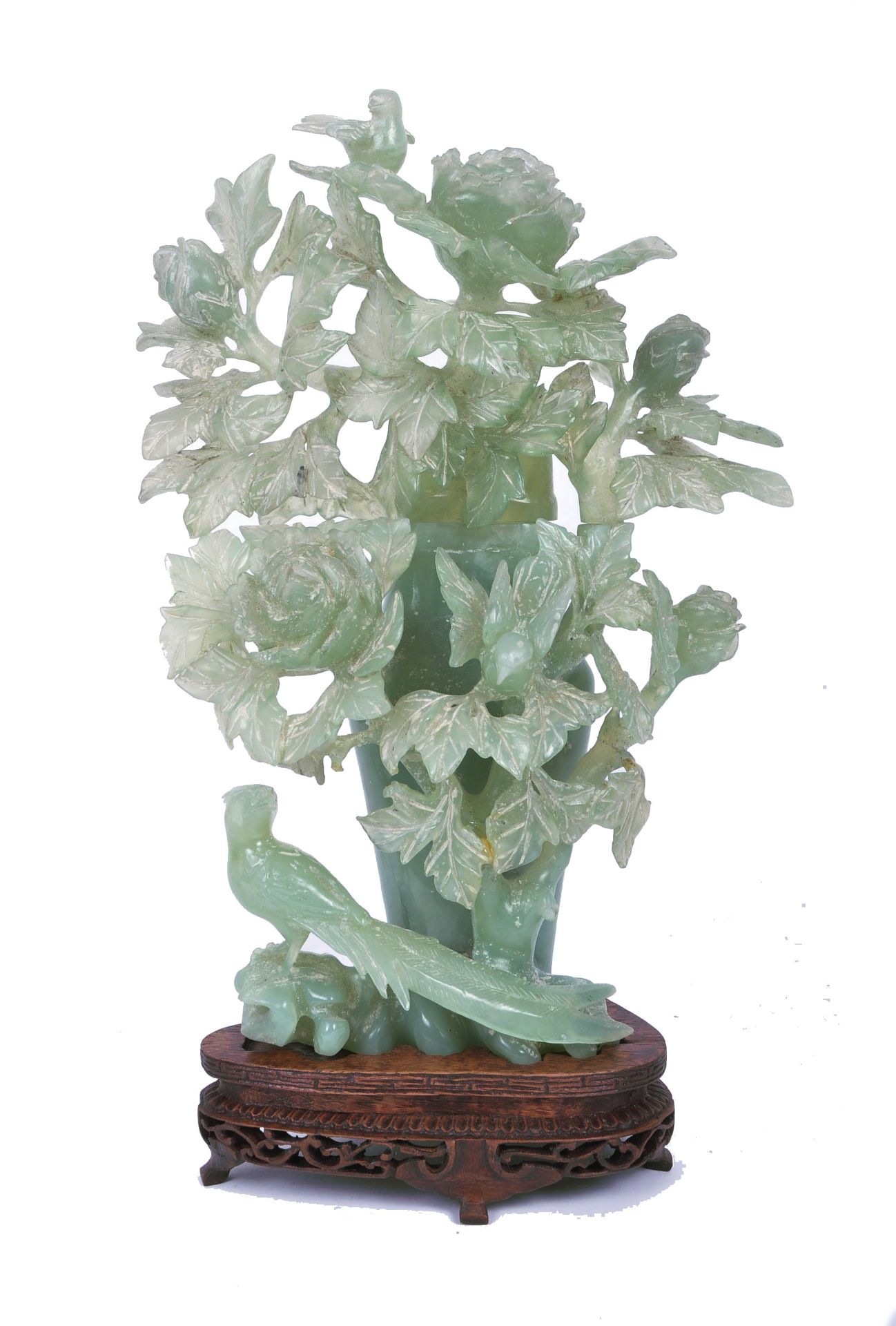 19TH CENTURY CARVED JADE LIDDED FOLIATE PHOENIX VASE & STAND