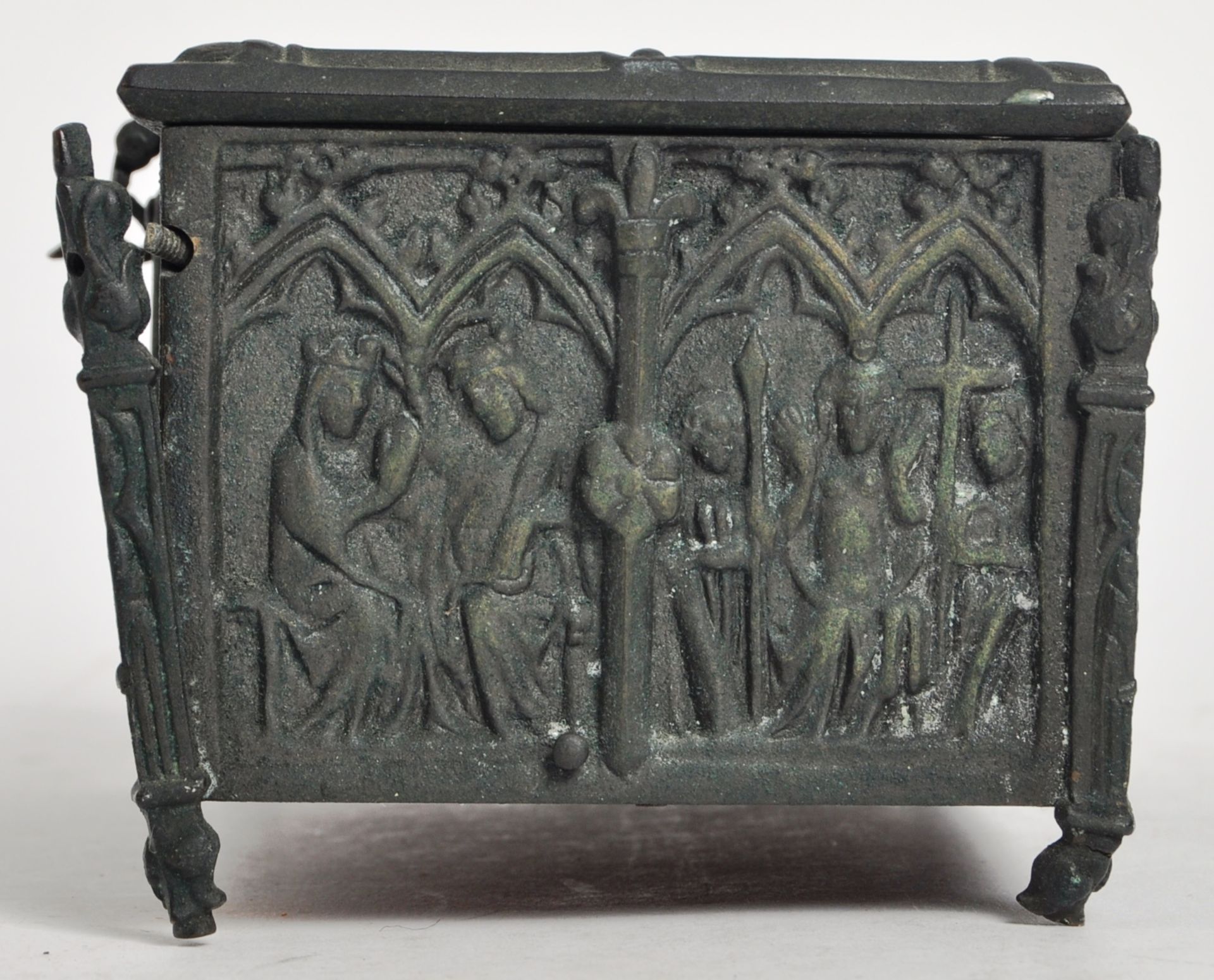 SMALL NINETEENTH CENTURY BRONZE CASKET WITH GOTHIC INLAY - Image 3 of 7