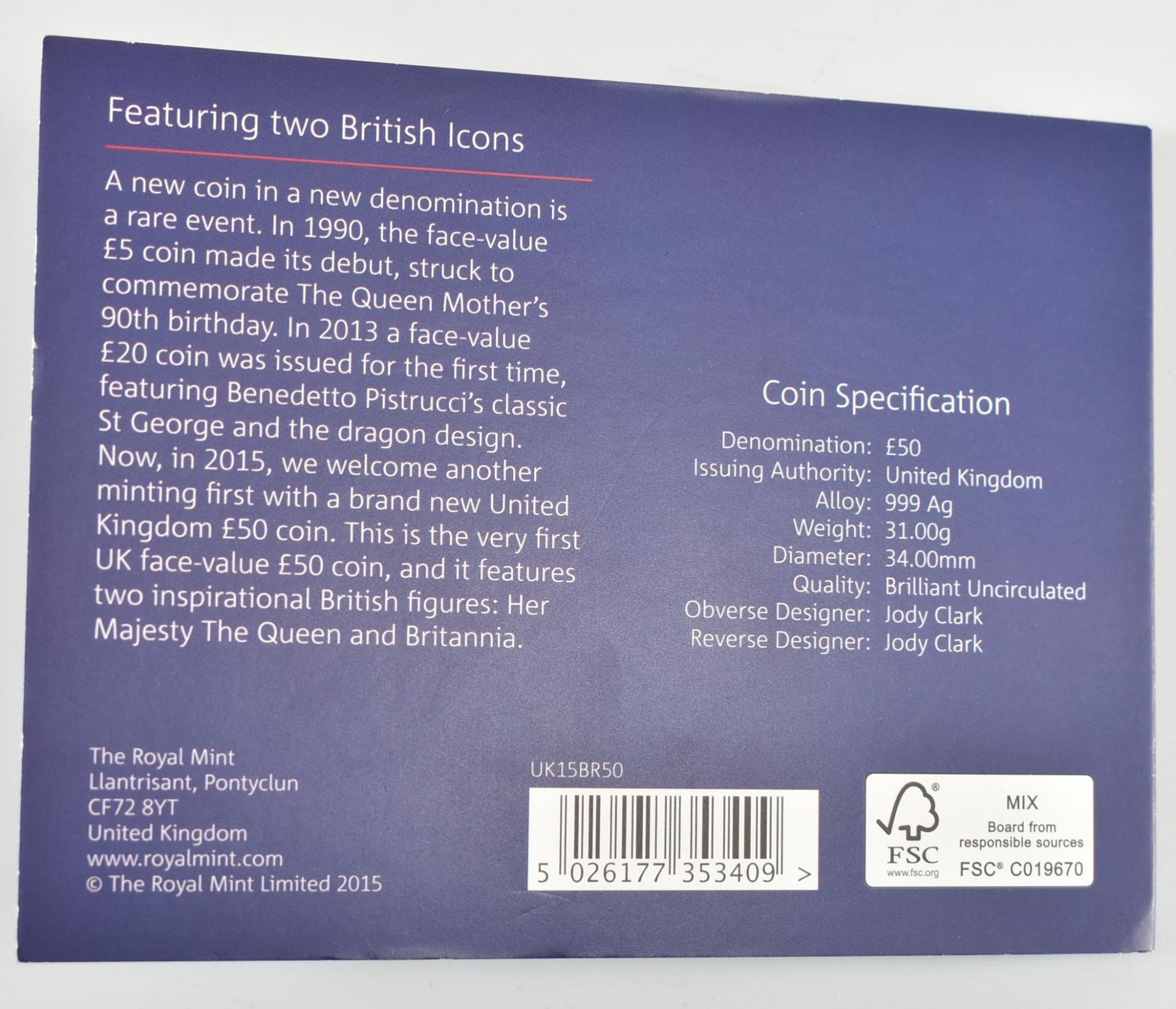 UK ROYAL MINT 2015 £50 FINE SILVER BRITANNIA BRILLIANT COIN - Image 4 of 4
