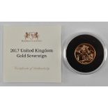 ELIZABETH II 2017 22CT GOLD UNCIRCULATED FULL SOVEREIGN