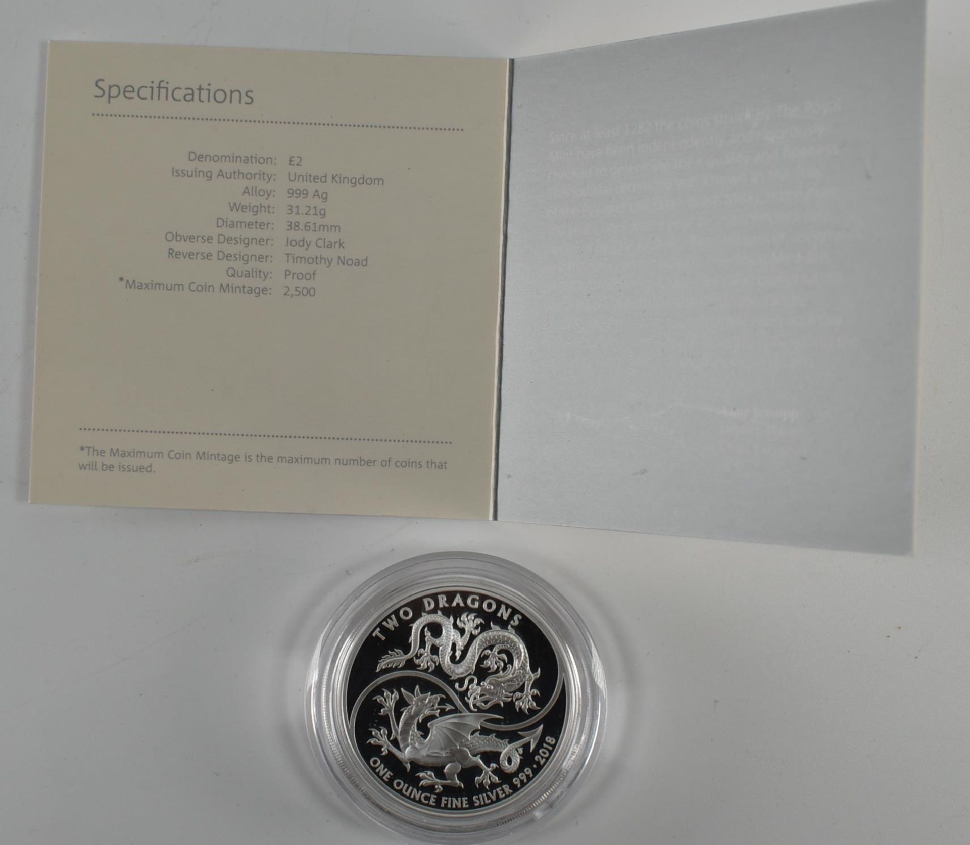 UK ROYAL MINT 2018 1OZ FINE SILVER PROOF 'THE TWO DRAGONS' COIN - Image 4 of 4