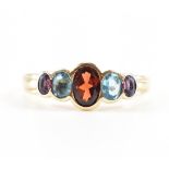 HALLMARKED 9CT GOLD GARNET AMETHYST & TOPAZ RING