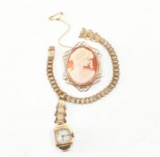 HALLMARKED 9CT GOLD CAMEO BROOCH & COCKTAIL WRISTWATCH