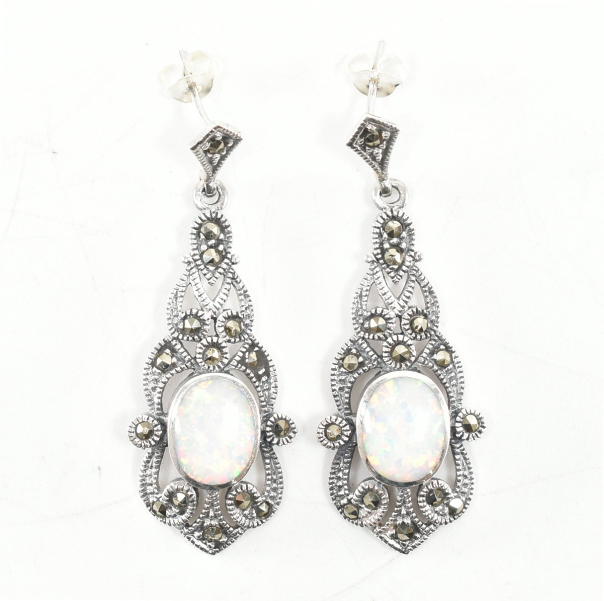 925 SILVER OPALITE & MARCASITE STUD DROP EARRINGS - Image 2 of 5