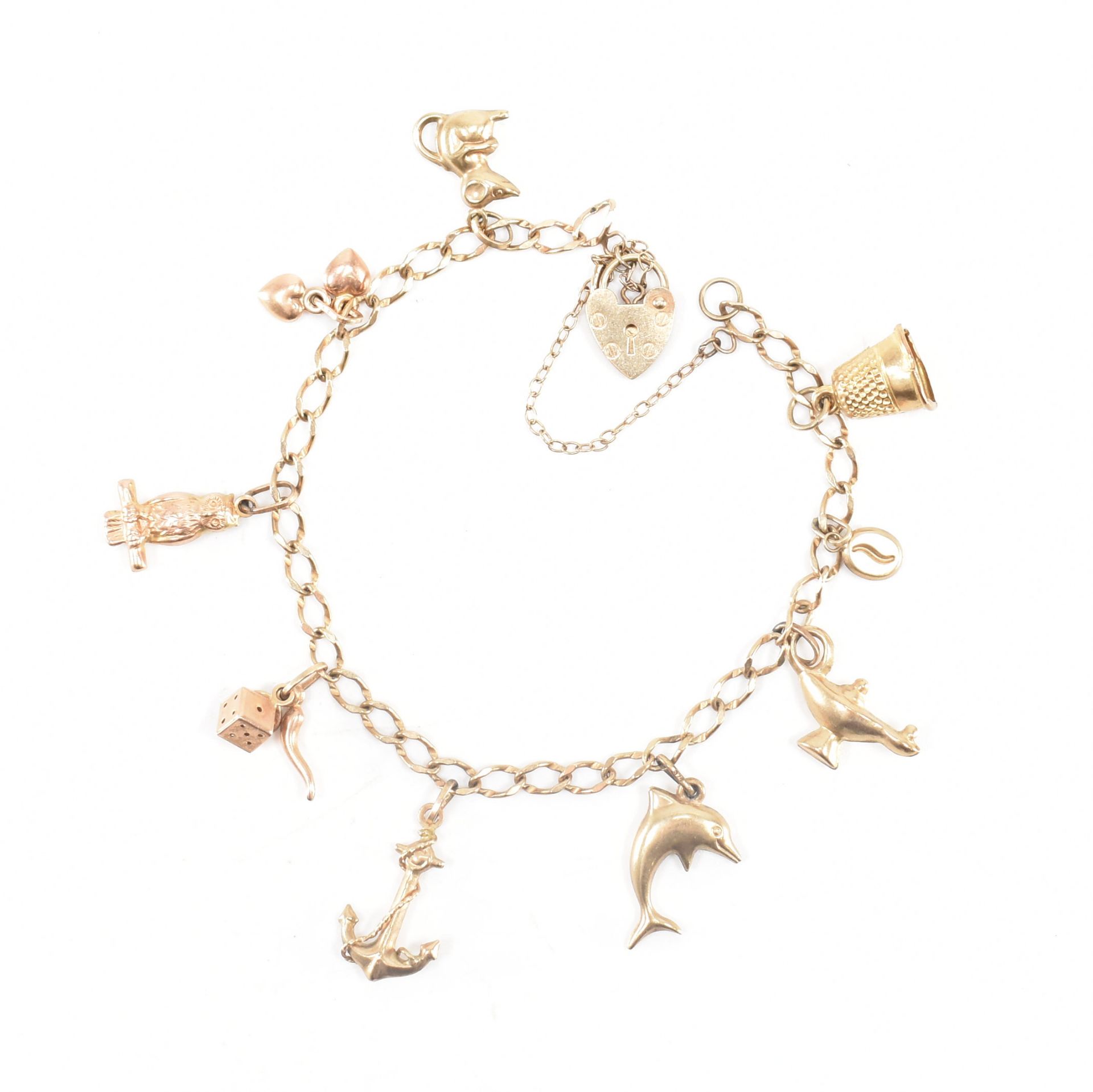 HALLMARKED 9CT GOLD HEART PADLOCK CHARM BRACELET