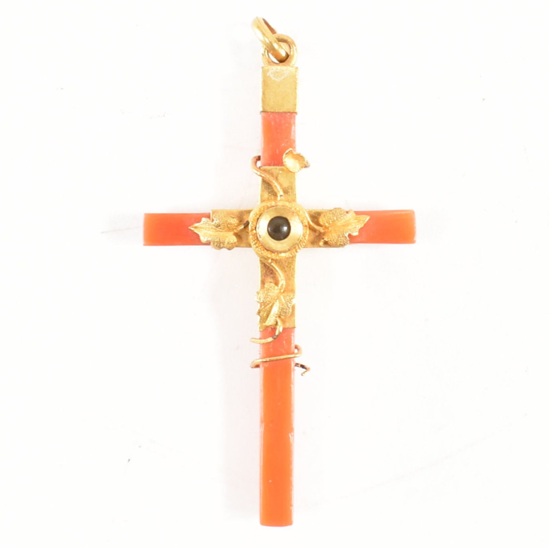 ANTIQUE GOLD & CORAL STANHOPE CROSS NECKLACE PENDANT - Image 2 of 6
