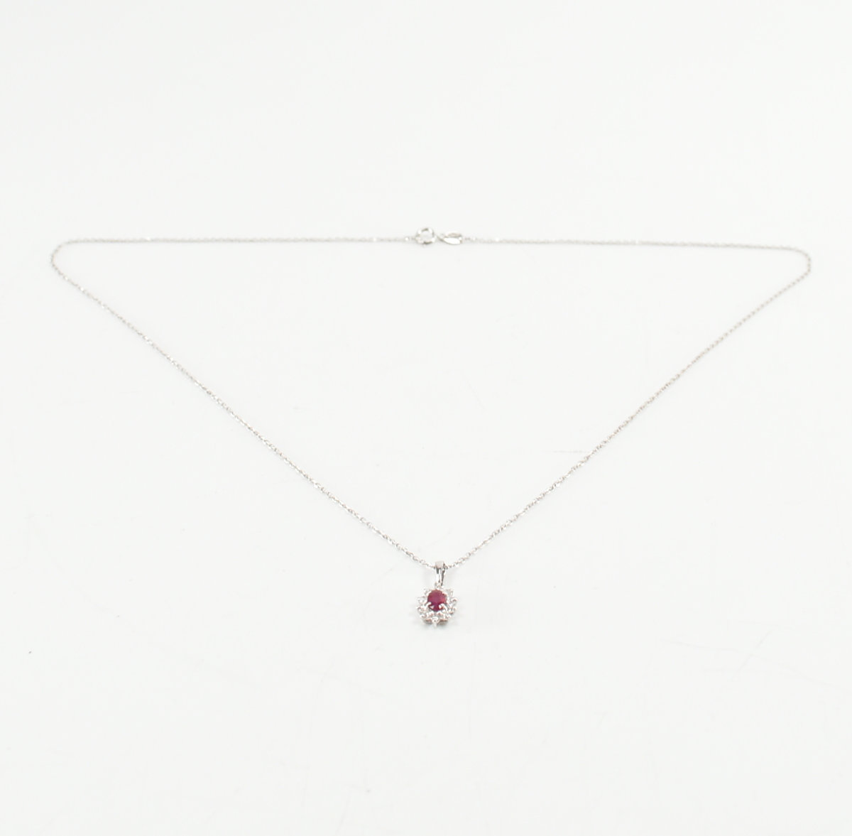 HALLMARKED 18CT WHITE GOLD DIAMOND & RED STONE NECKLACE PENDANT & CHAIN - Image 6 of 6