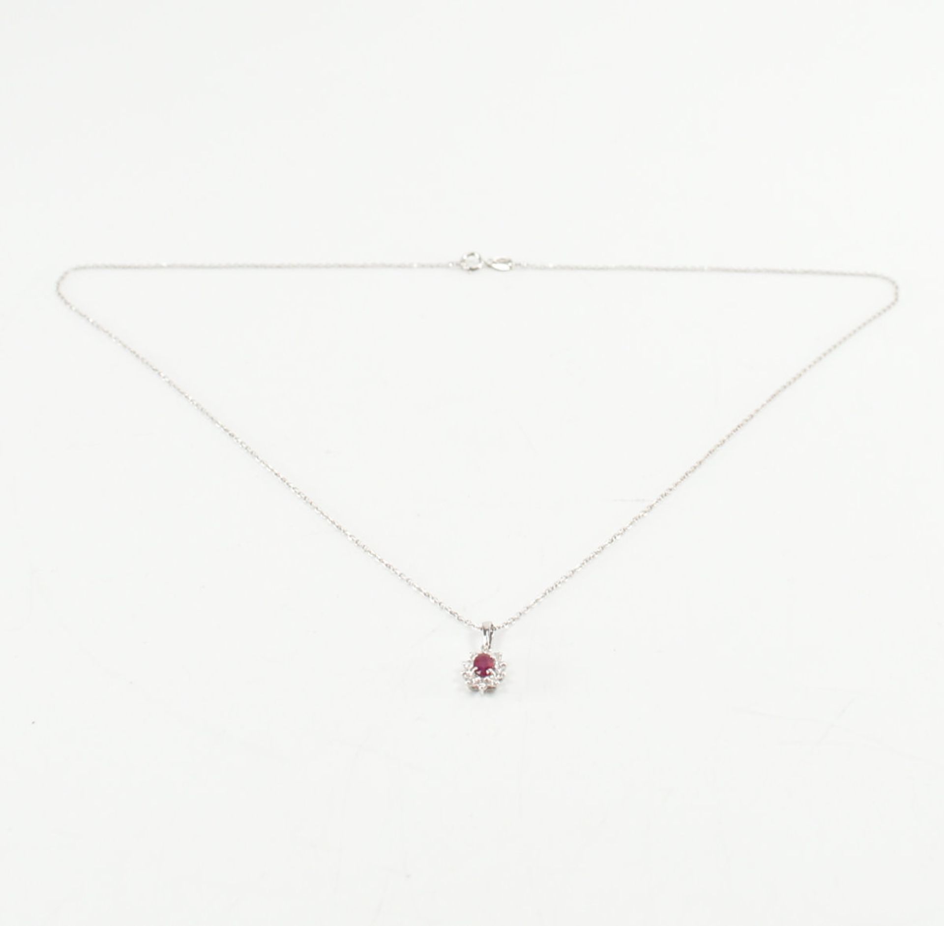 HALLMARKED 18CT WHITE GOLD DIAMOND & RED STONE NECKLACE PENDANT & CHAIN - Image 6 of 6