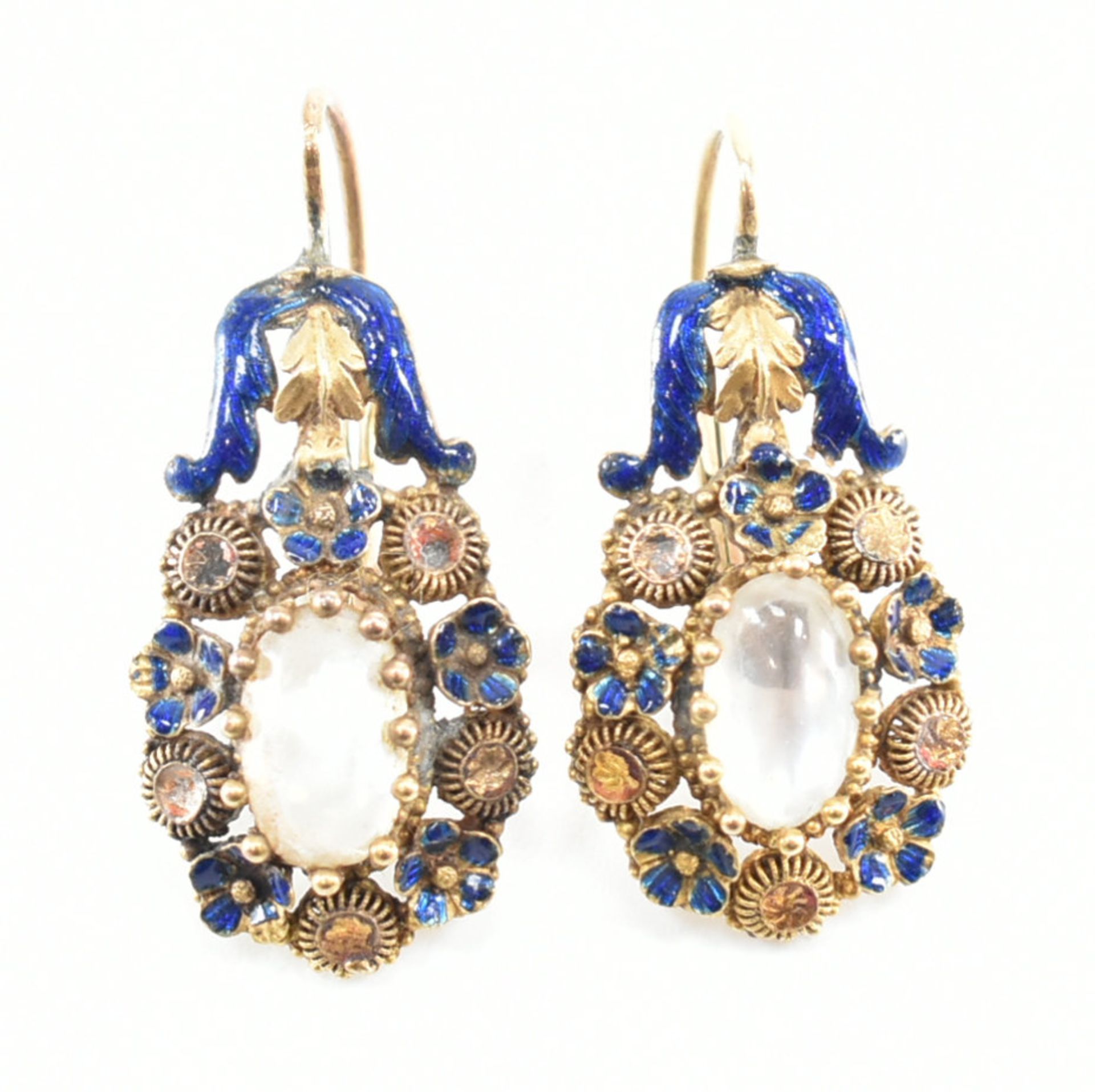 ANTIQUE GOLD MOONSTONE & ENAMEL EARRINGS