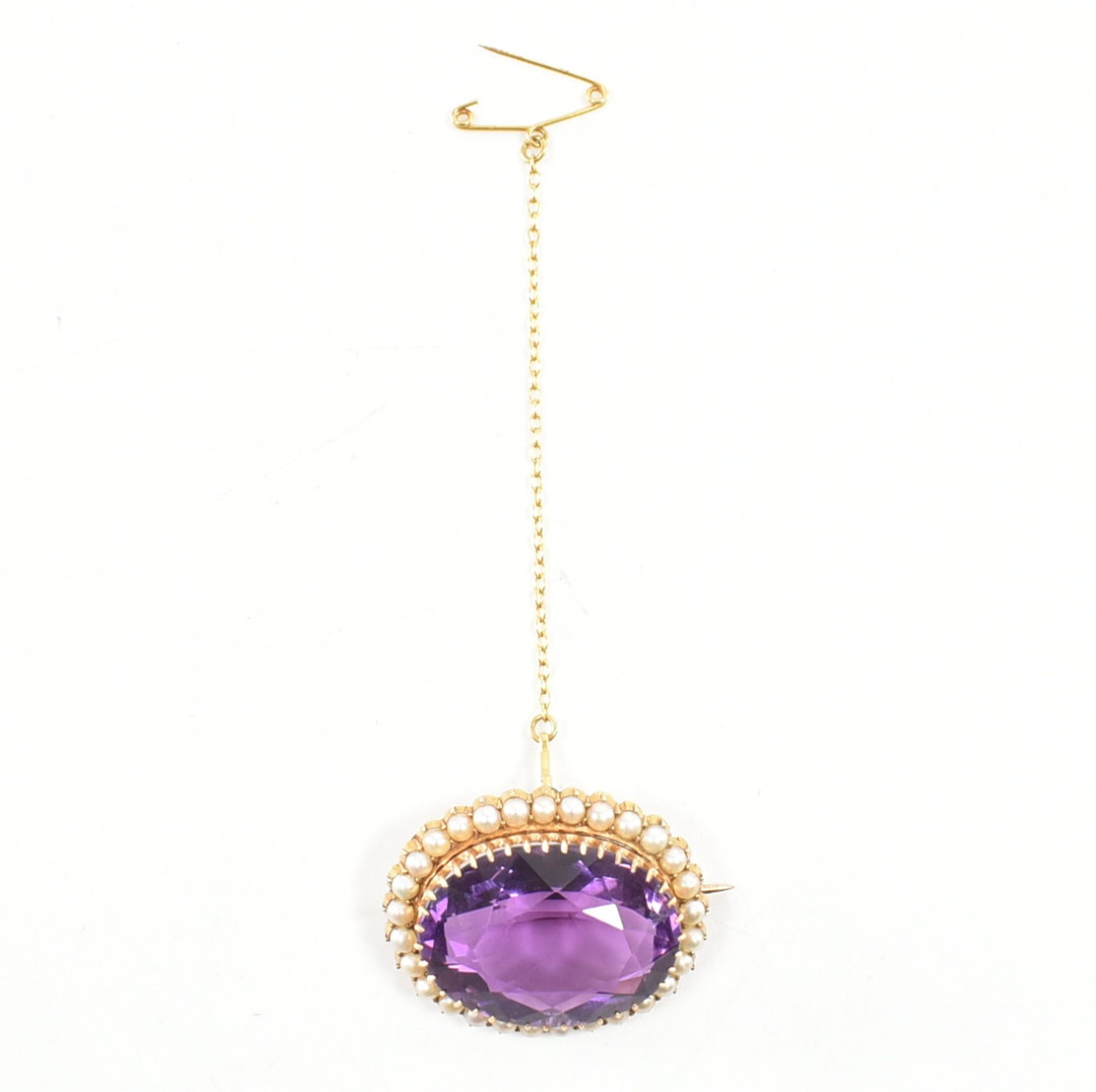 GOLD AMETHYST & SEED PEARL BROOCH PIN - Image 3 of 6