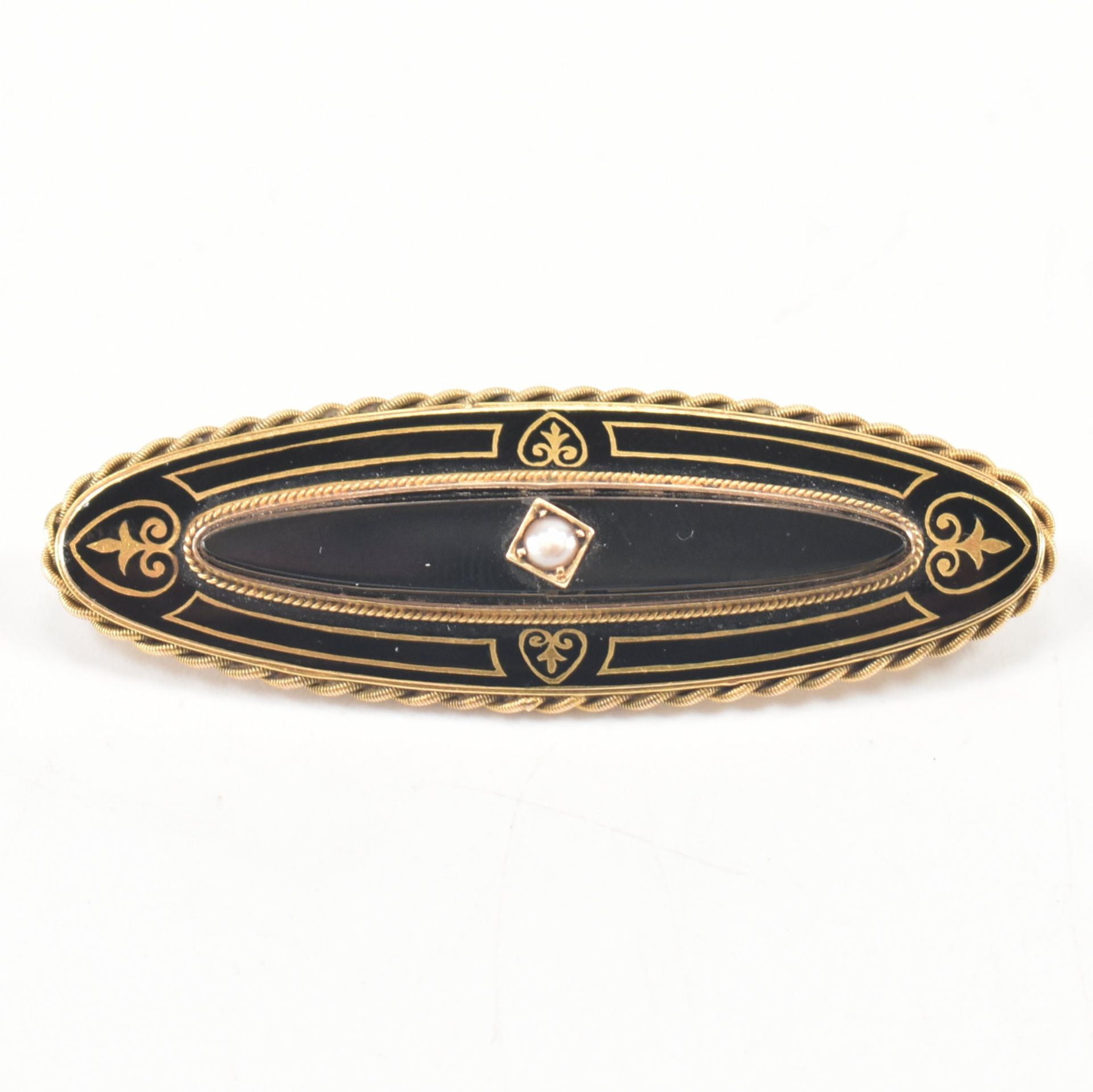 19TH CENTURY 15CT GOLD PEARL ENAMEL BROOCH PIN