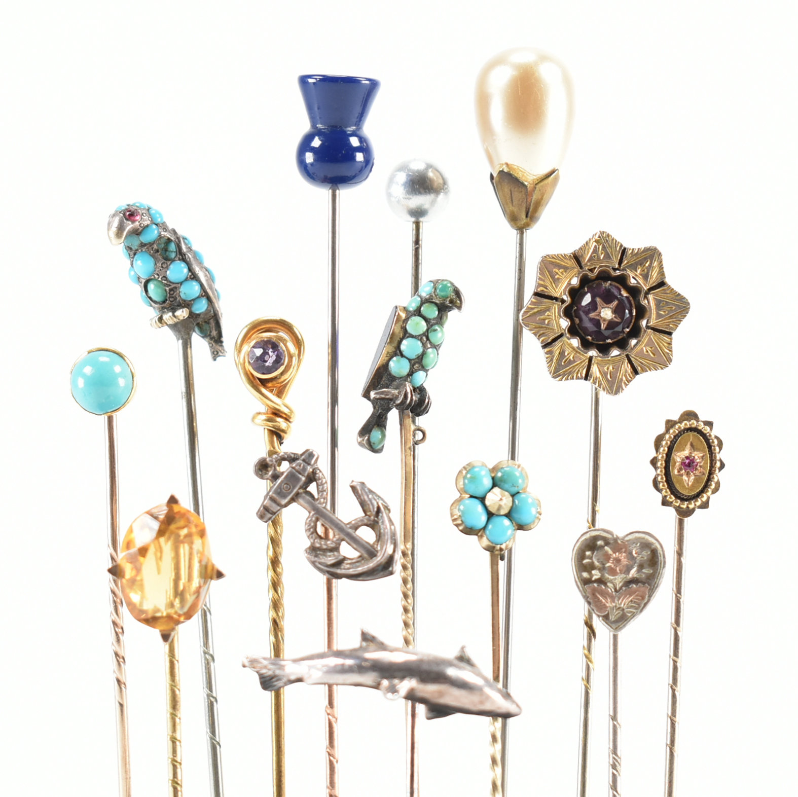 COLLECTION OF YELLOW & WHITE METAL GEM SET STICK PINS