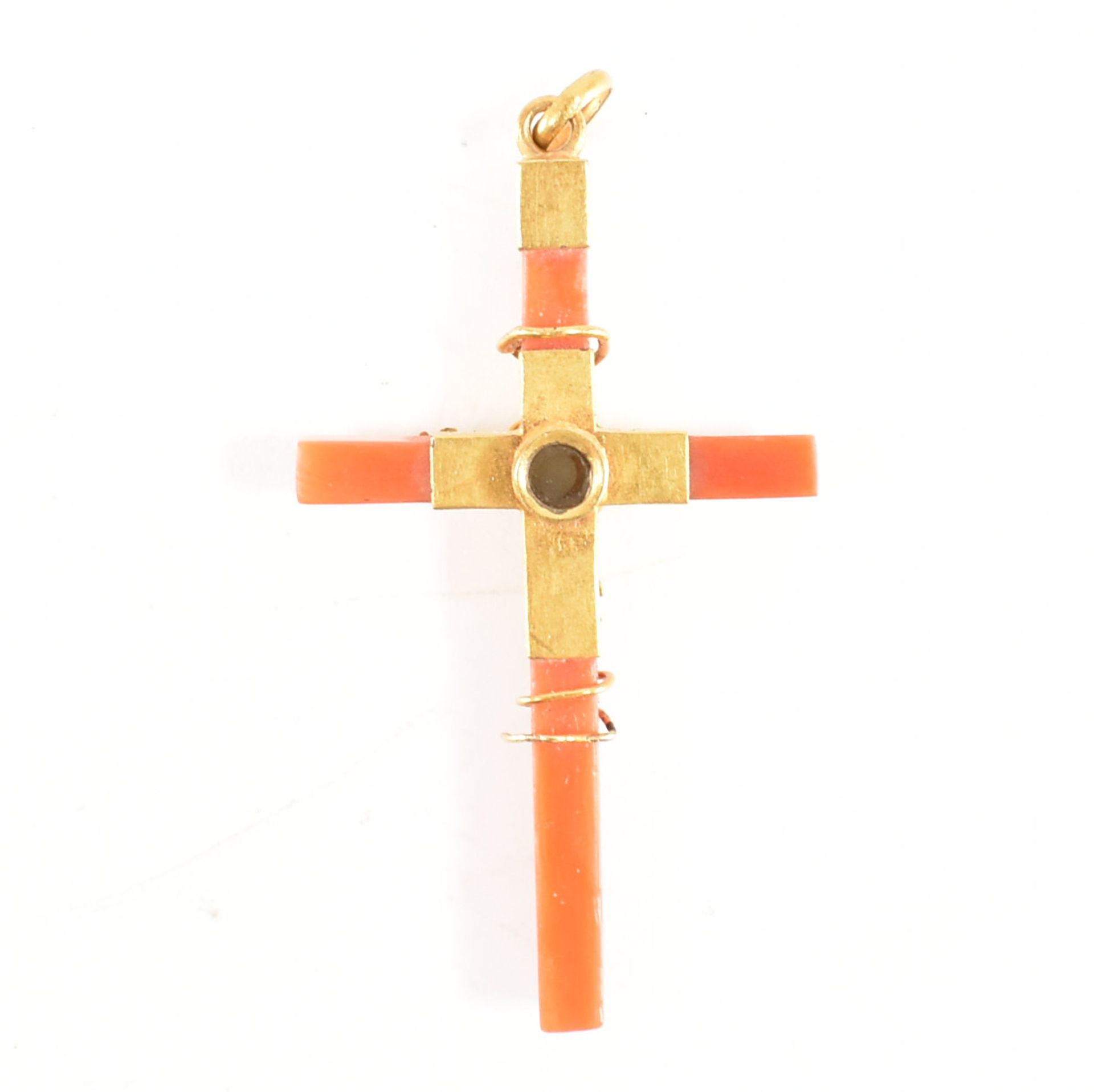 ANTIQUE GOLD & CORAL STANHOPE CROSS NECKLACE PENDANT - Image 5 of 6