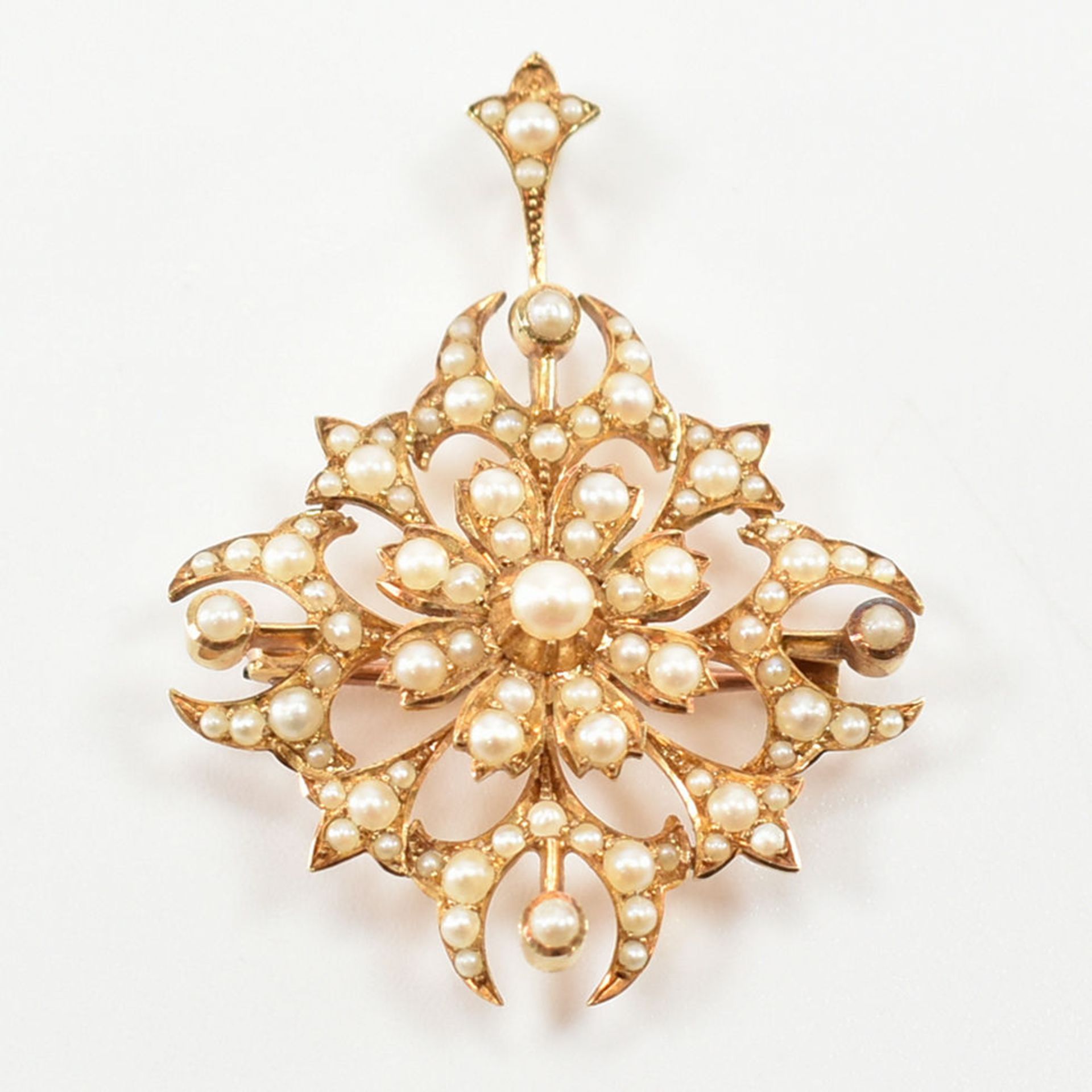 VICTORIAN 15CT GOLD & SEED PEARL PENDANT BROOCH