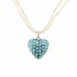 ANTIQUE PEARL & TURQUOISE HEART PENDANT COLLAR NECKLACE