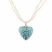 ANTIQUE PEARL & TURQUOISE HEART PENDANT COLLAR NECKLACE