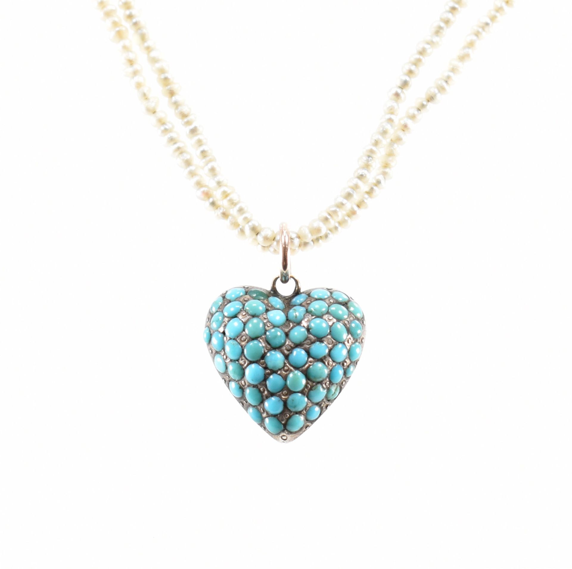 ANTIQUE PEARL & TURQUOISE HEART PENDANT COLLAR NECKLACE