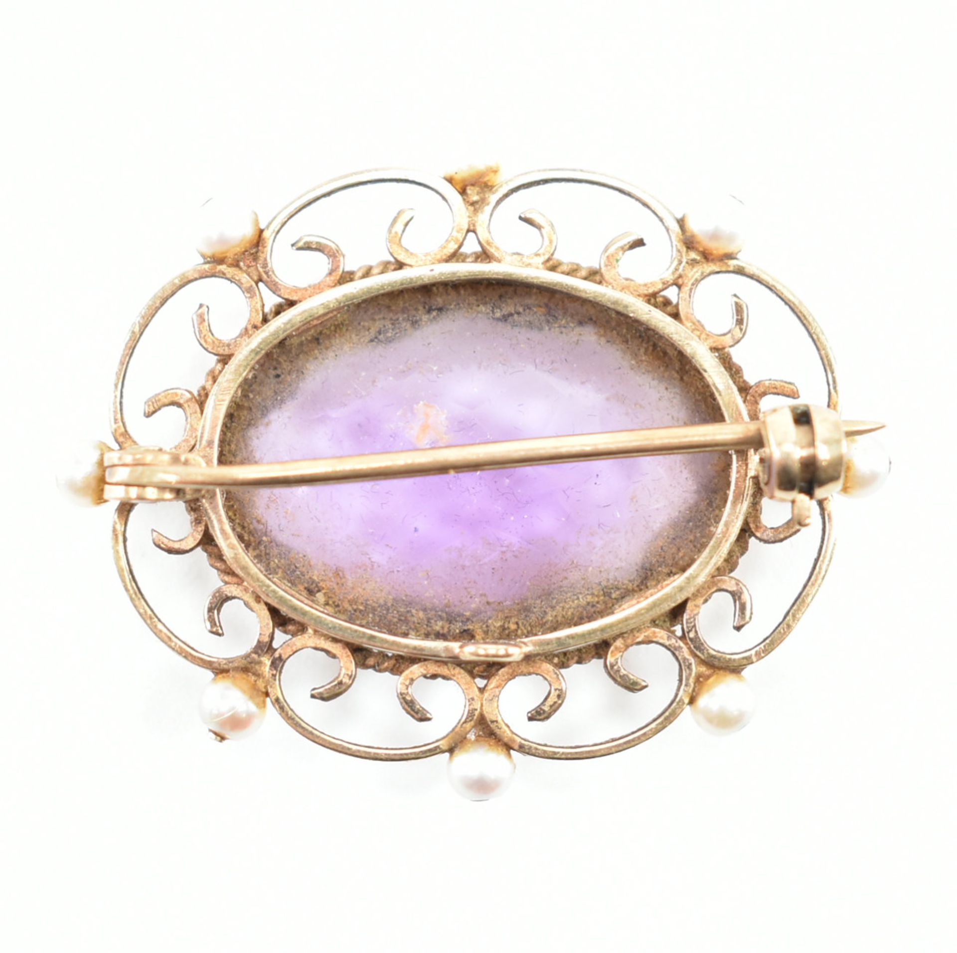 HALLMARKED 9CT GOLD AMETHYST PEARL BROOCH PIN - Image 2 of 5