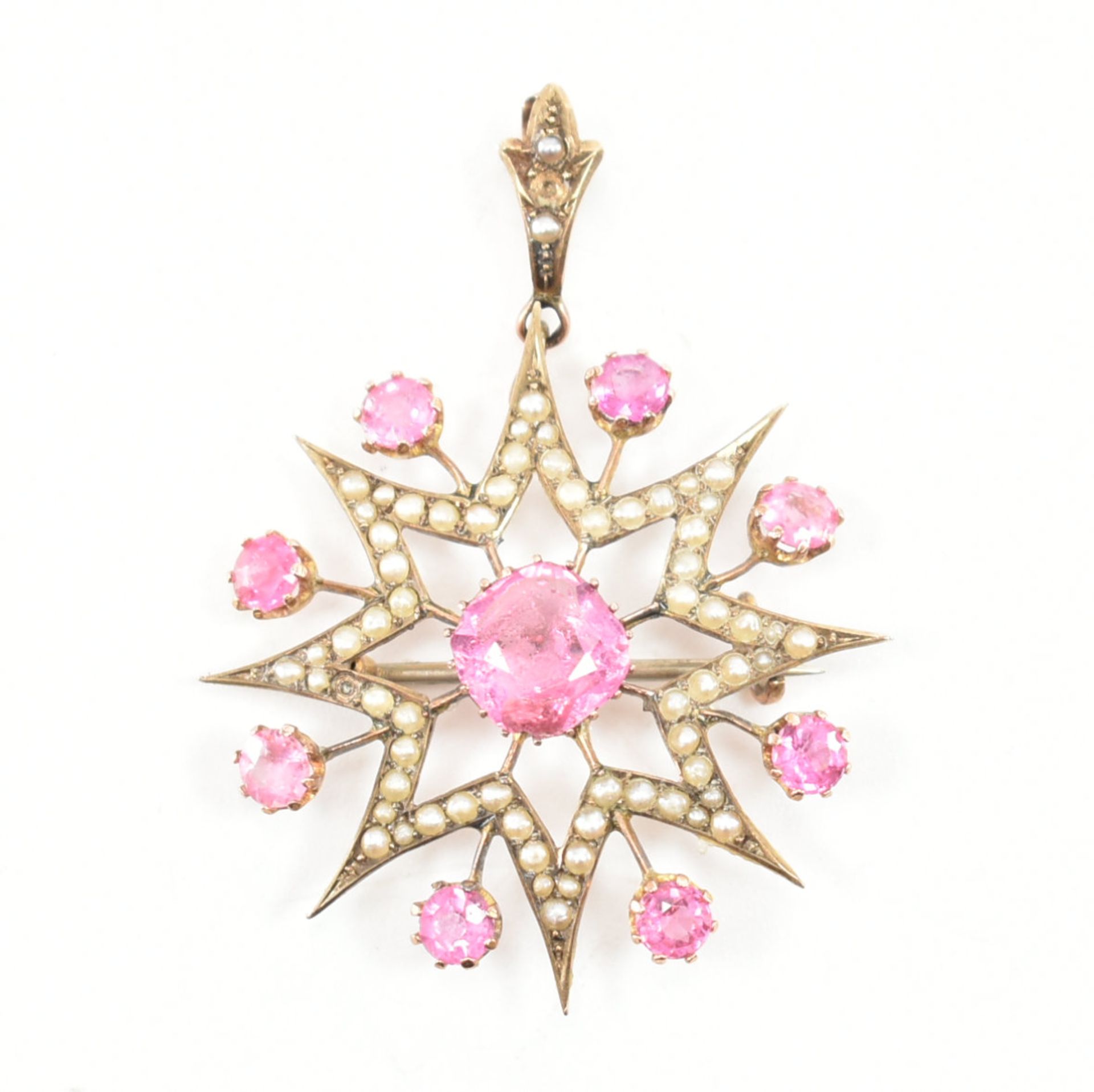 VICTORIAN 9CT GOLD SEED PEARL & PINK STONE PENDANT BROOCH