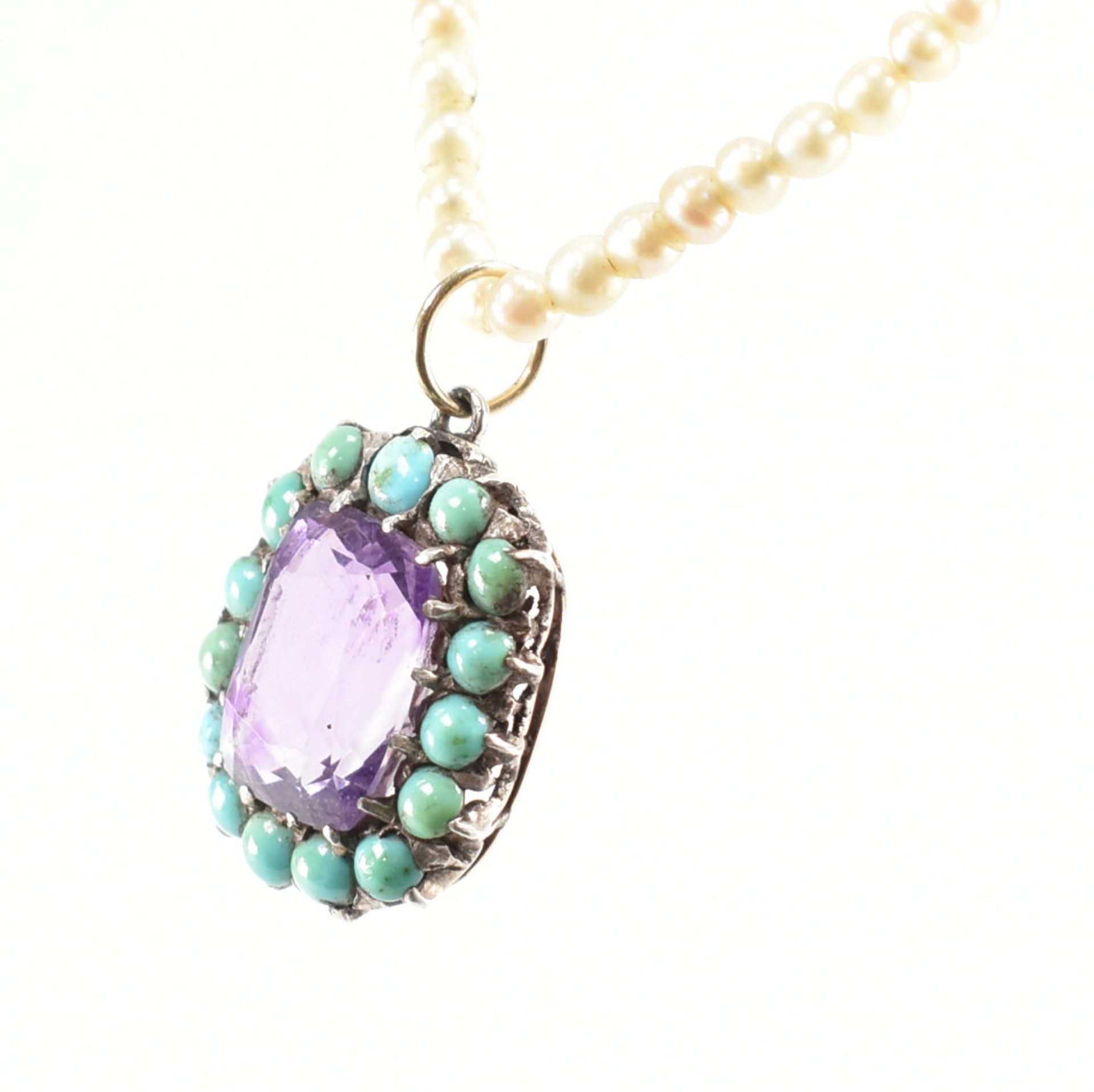 VICTORIAN PEARL AMETHYST TURQUOISE PENDANT NECKLACE - Image 3 of 6