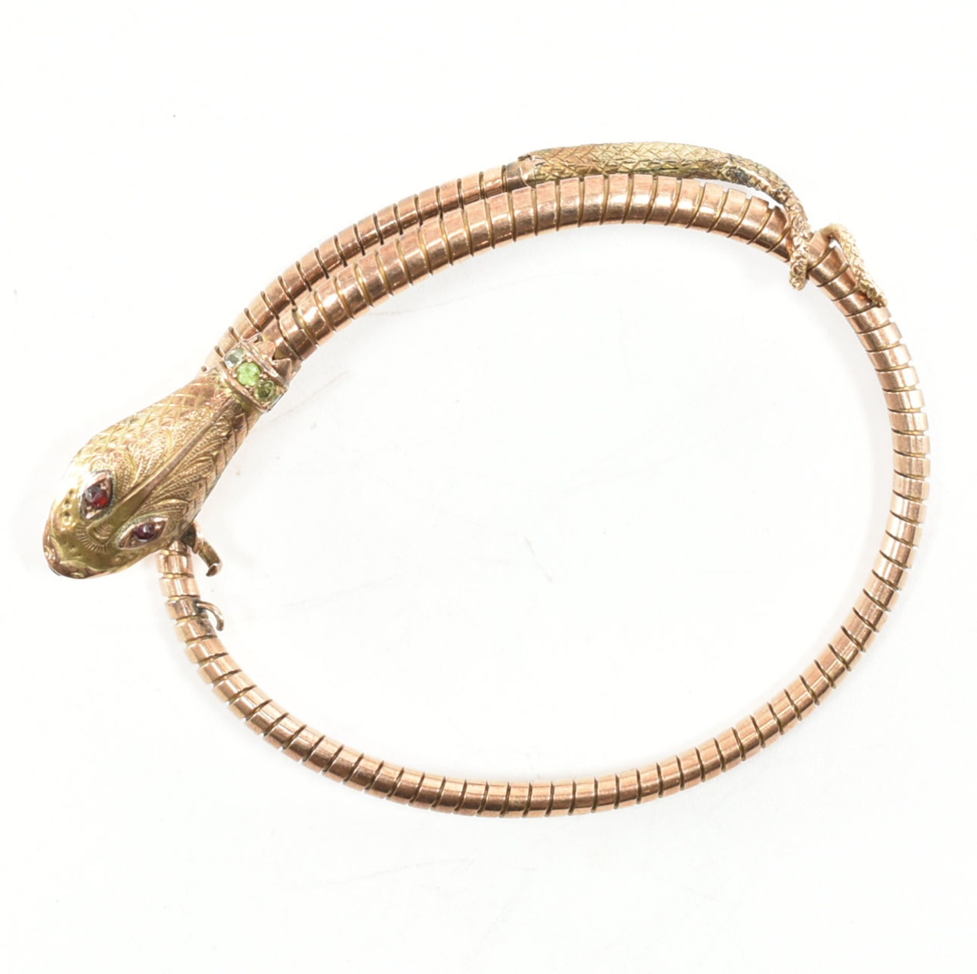 VICTORIAN 9CT GOLD GARNET & PERIDOT SNAKE BANGLE BRACELET - Bild 5 aus 6