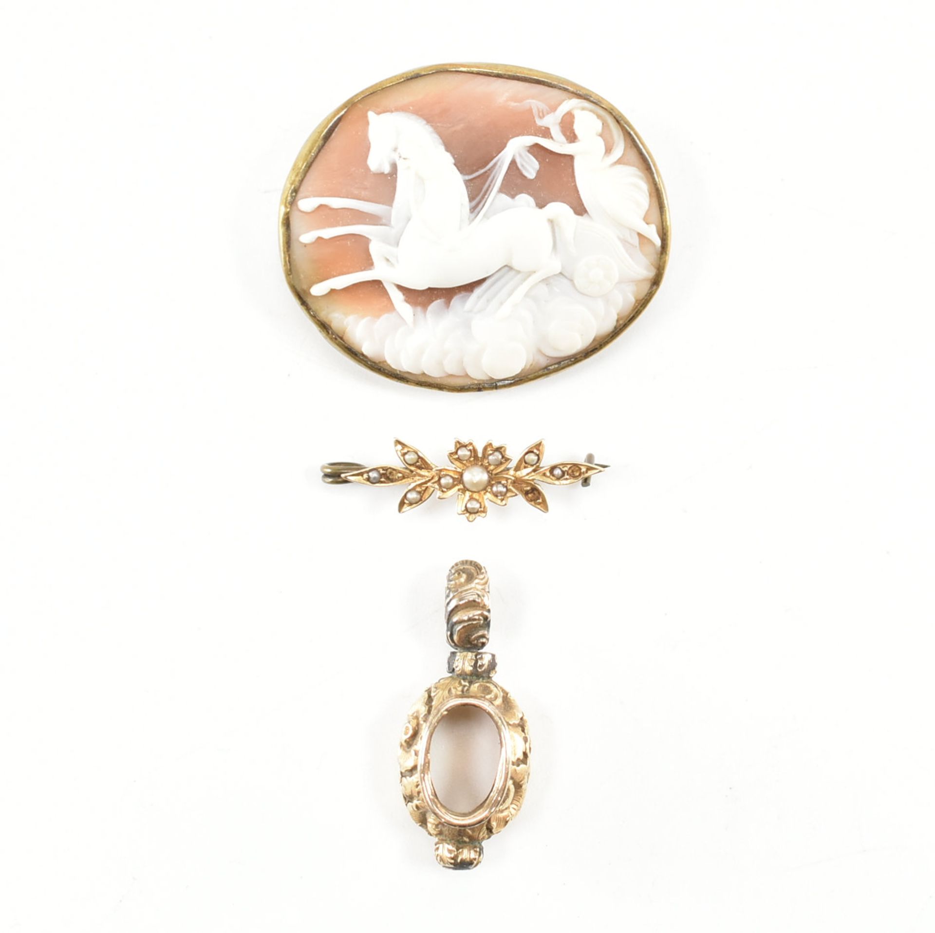 ANTIQUE CAMEO BROOCH - SEED PEARL BROOCH & POCKET WATCH FOB