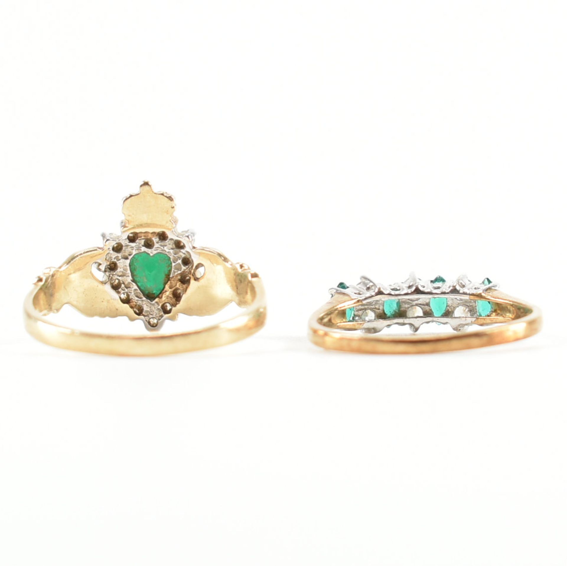 TWO HALLMARKED 9CT GOLD SYNTHETIC EMERALD & CZ RING - Image 4 of 12