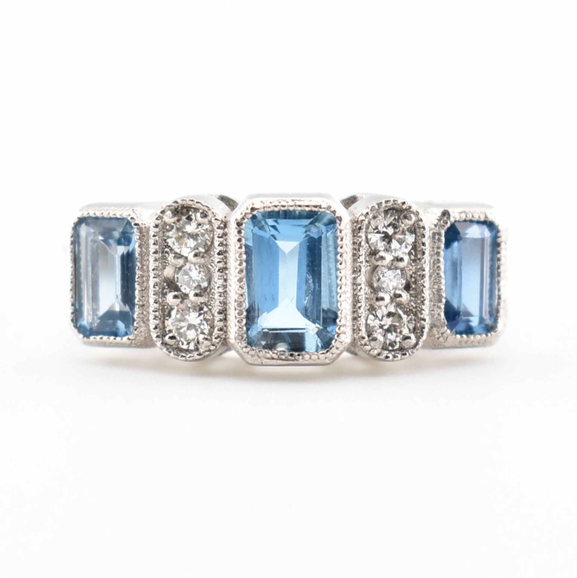 HALLMARKED PLATINUM AQUAMARINE & DIAMOND THREE STONE RING