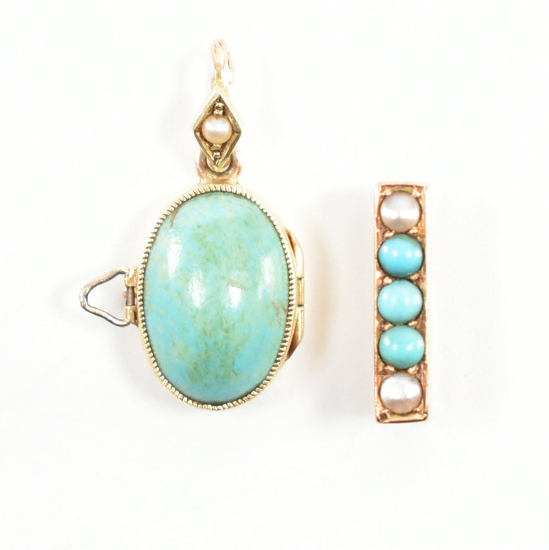 EDWARDIAN GOLD TURQUOISE PEARL LOCKET PENDANT & SLIDE